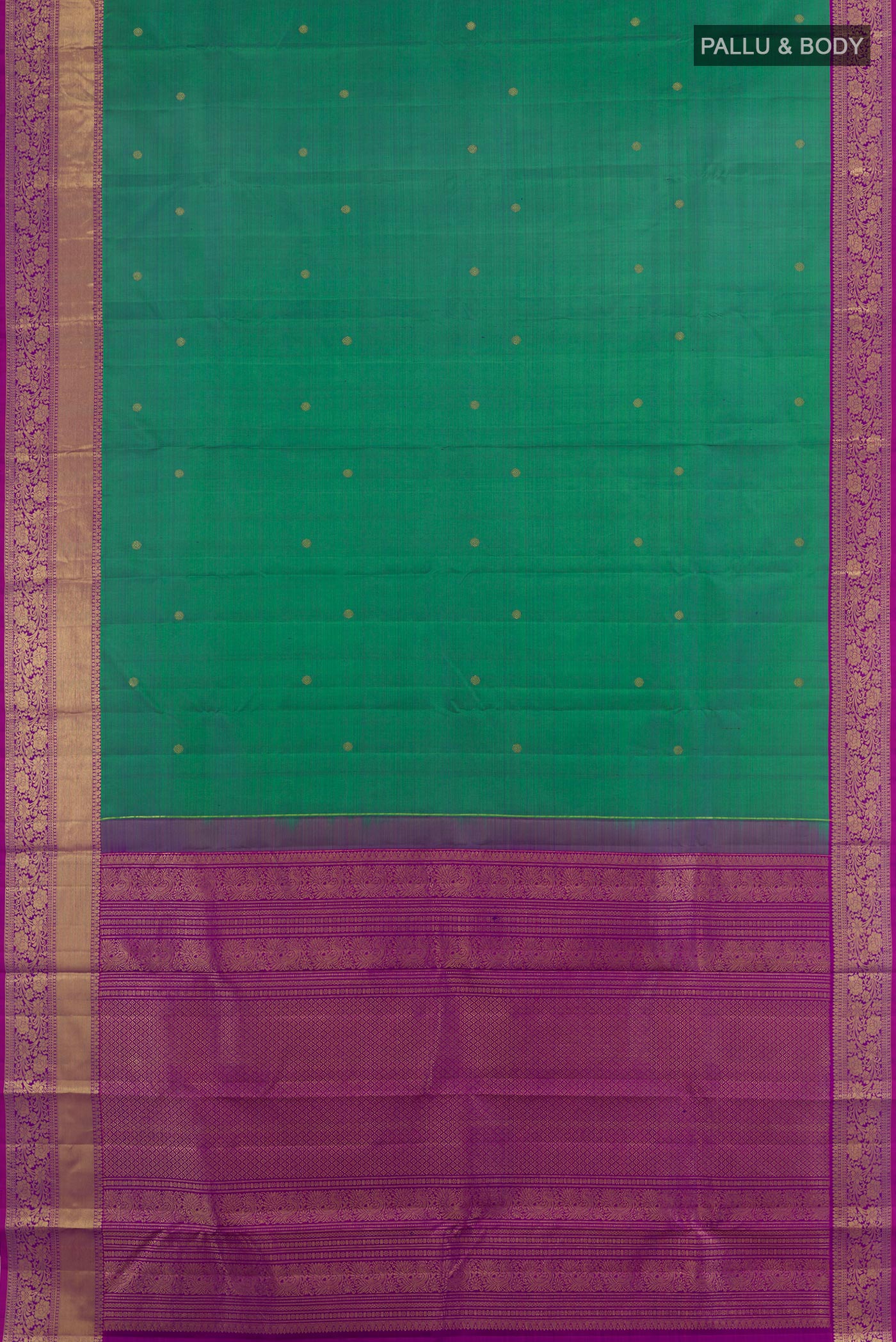 Flat view of Sea Green Dual Tone Kanchipuram Silk Saree with Zari Butta on the body and Zari Border. 