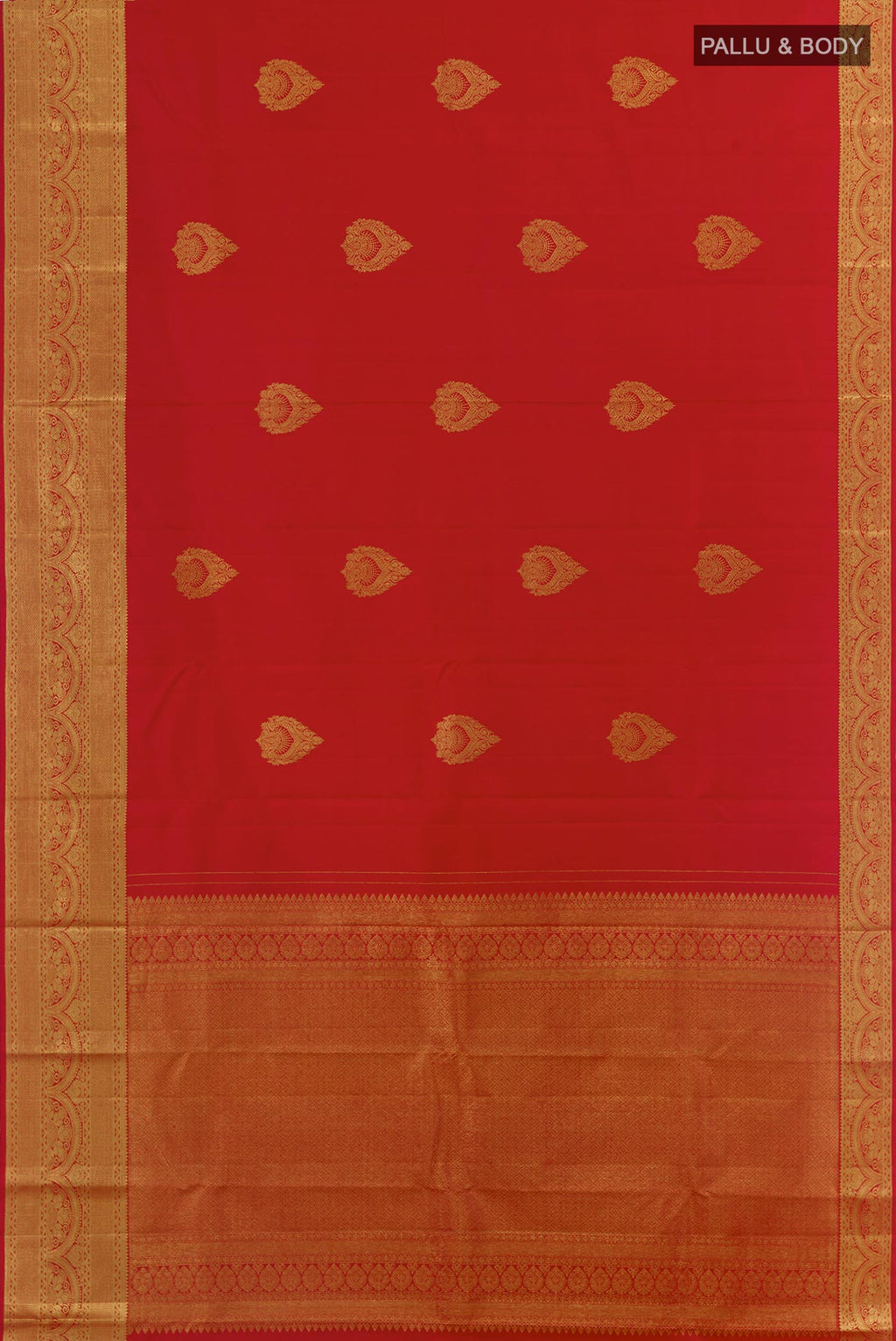 Flat view of Red Kanchipuram Silk Saree with Zari Butta on the body and Zari Border. 