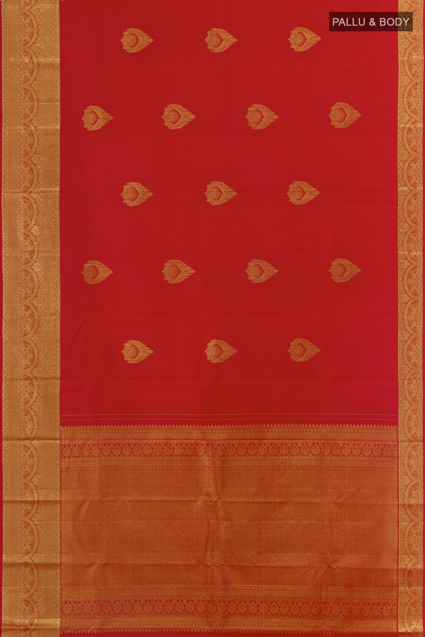 Flat view of Red Kanchipuram Silk Saree with Zari Butta on the body and Zari Border. 