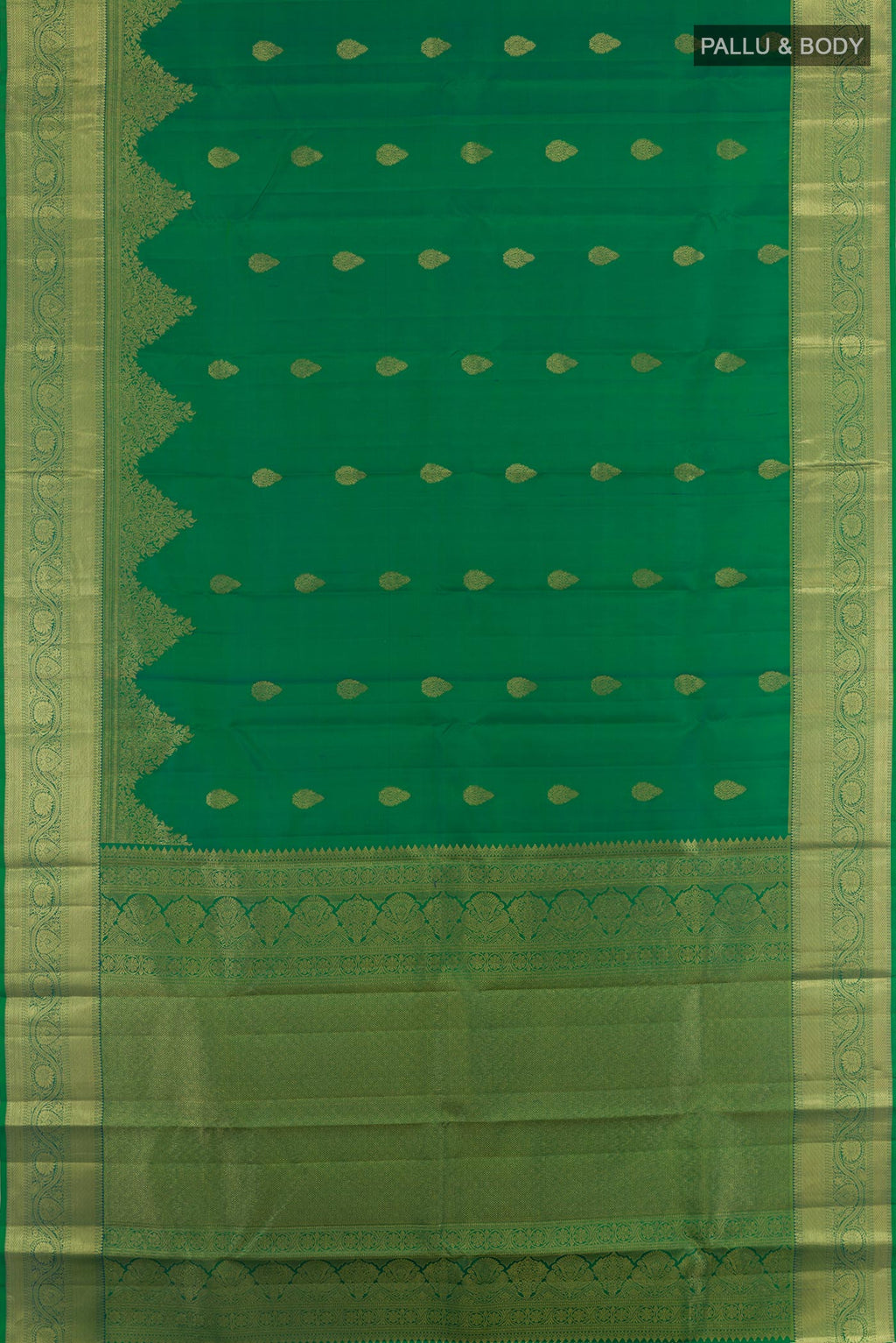 Flat view of Green Kanchipuram Silk Saree with Zari Butta on the body and Zari Border. 