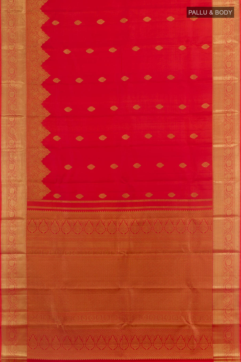 Flat view of Red Kanchipuram Silk Saree with Zari Butta on the body and Zari Border. 