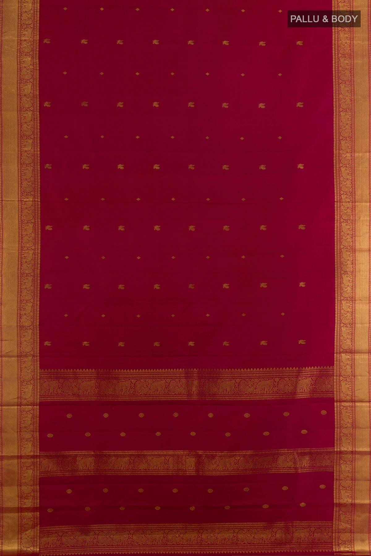 Flat view of Pure Silk Maroon Kanchipuram Saree with Zari Butta on the body and Zari Border. 
