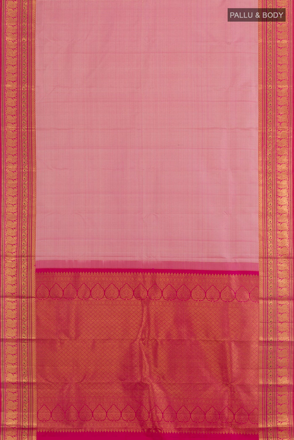 Flat view of Rose pink Kanjivaram Silk Saree with Stripes on the body and Zari Border. 