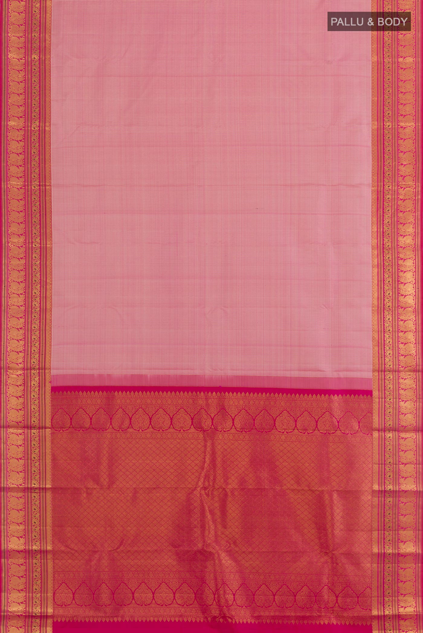 Flat view of Rose pink Kanjivaram Silk Saree with Stripes on the body and Zari Border. 