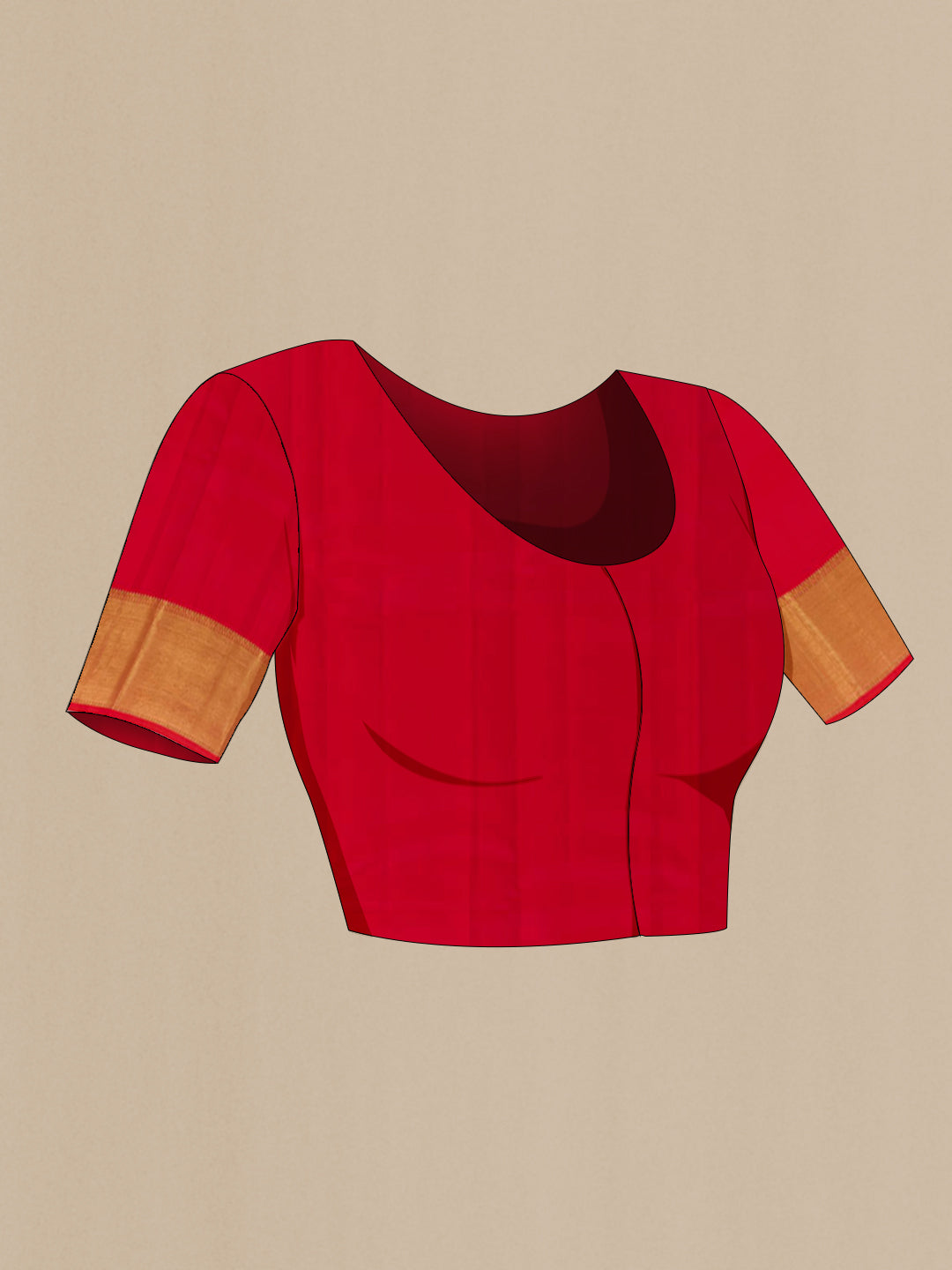 Close up image of the blouse of Red Kanchipuram Silk Saree with Zari Brocade on the body and Zari Border. 