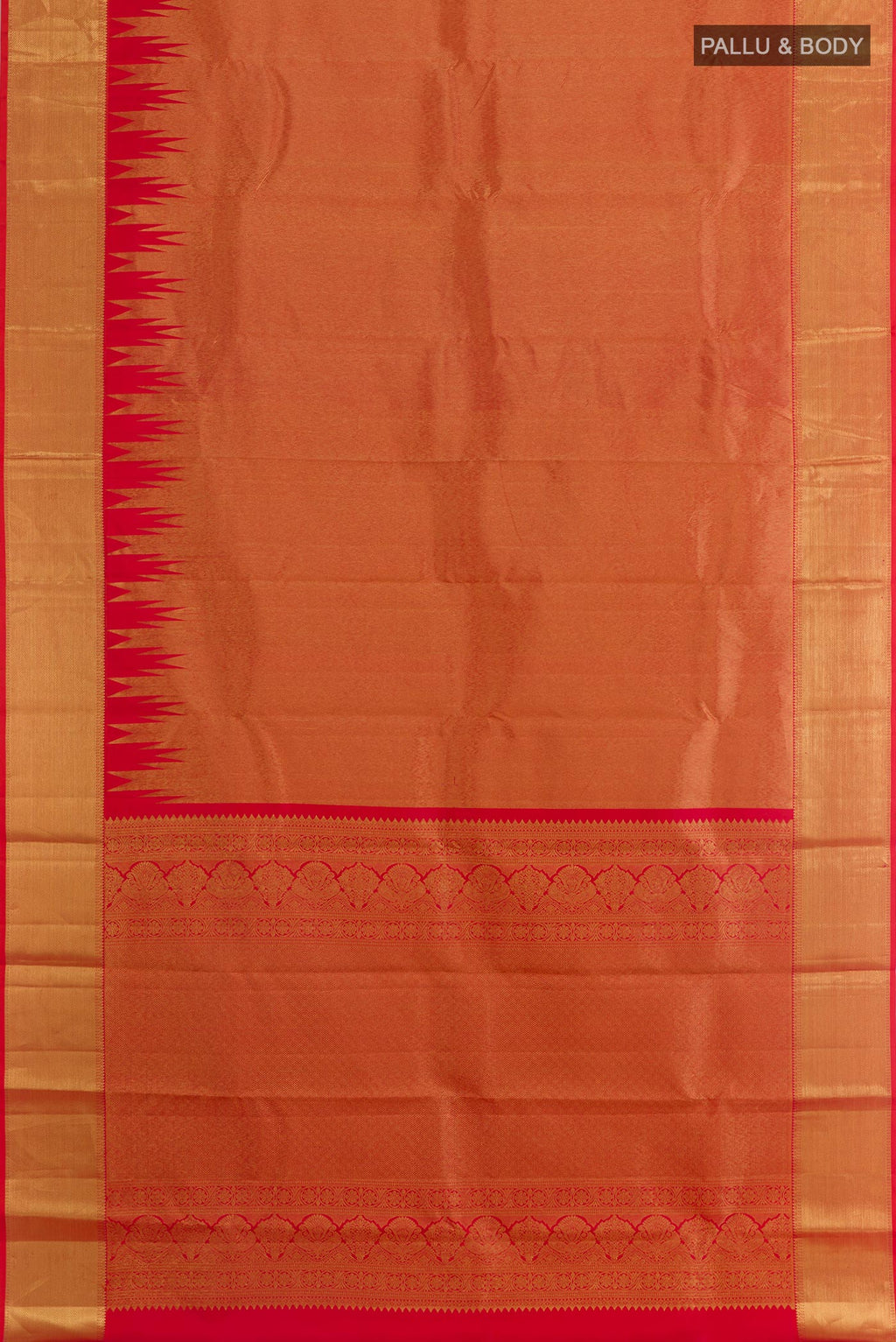 Flat view of Red Kanchipuram Silk Saree with Zari Brocade on the body and Zari Border. 