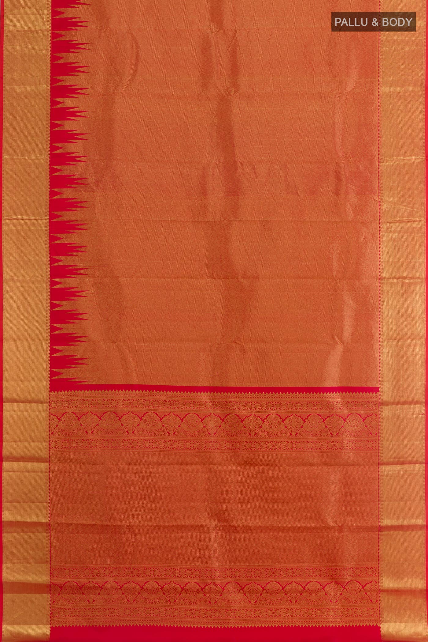 Flat view of Red Kanchipuram Silk Saree with Zari Brocade on the body and Zari Border. 