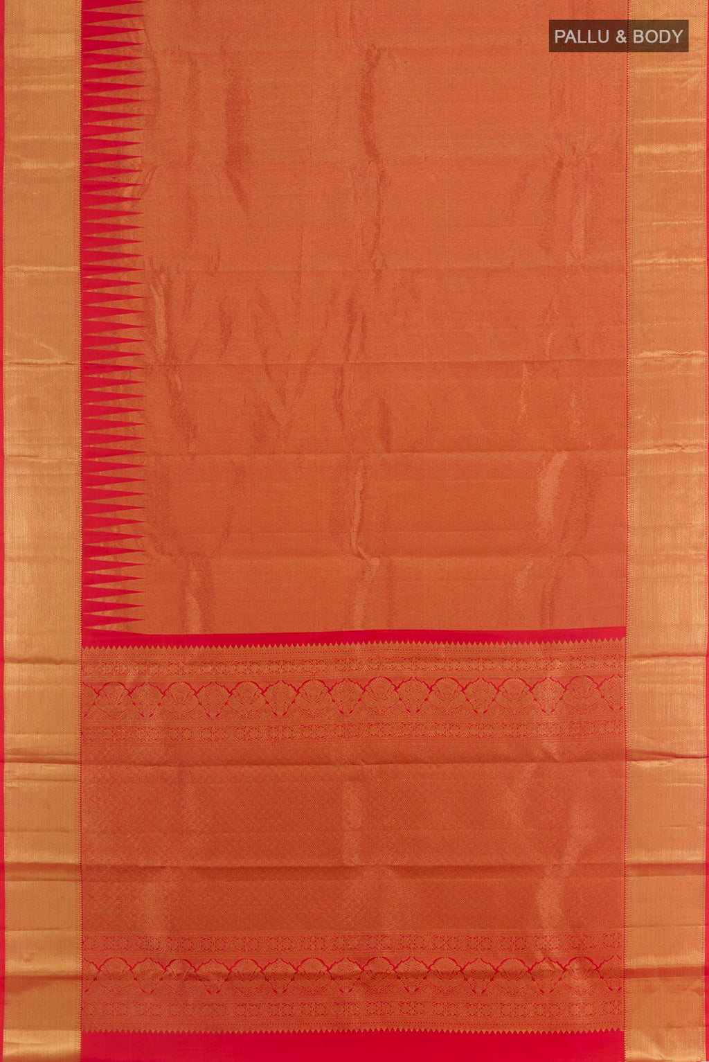 Flat view of Red Kanchipuram Silk Saree with Zari Brocade on the body and Zari Border. 
