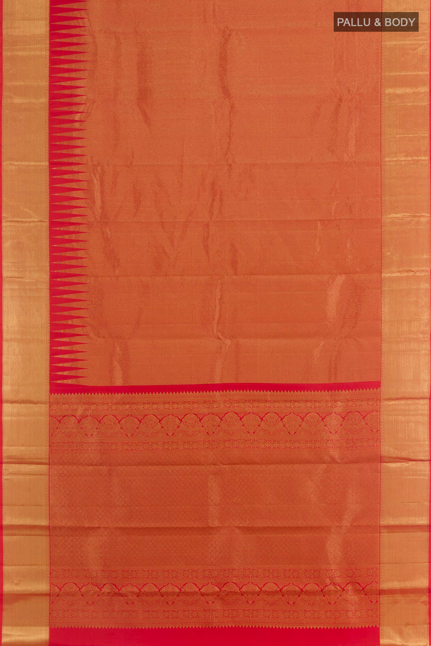 Flat view of Red Kanchipuram Silk Saree with Zari Brocade on the body and Zari Border. 