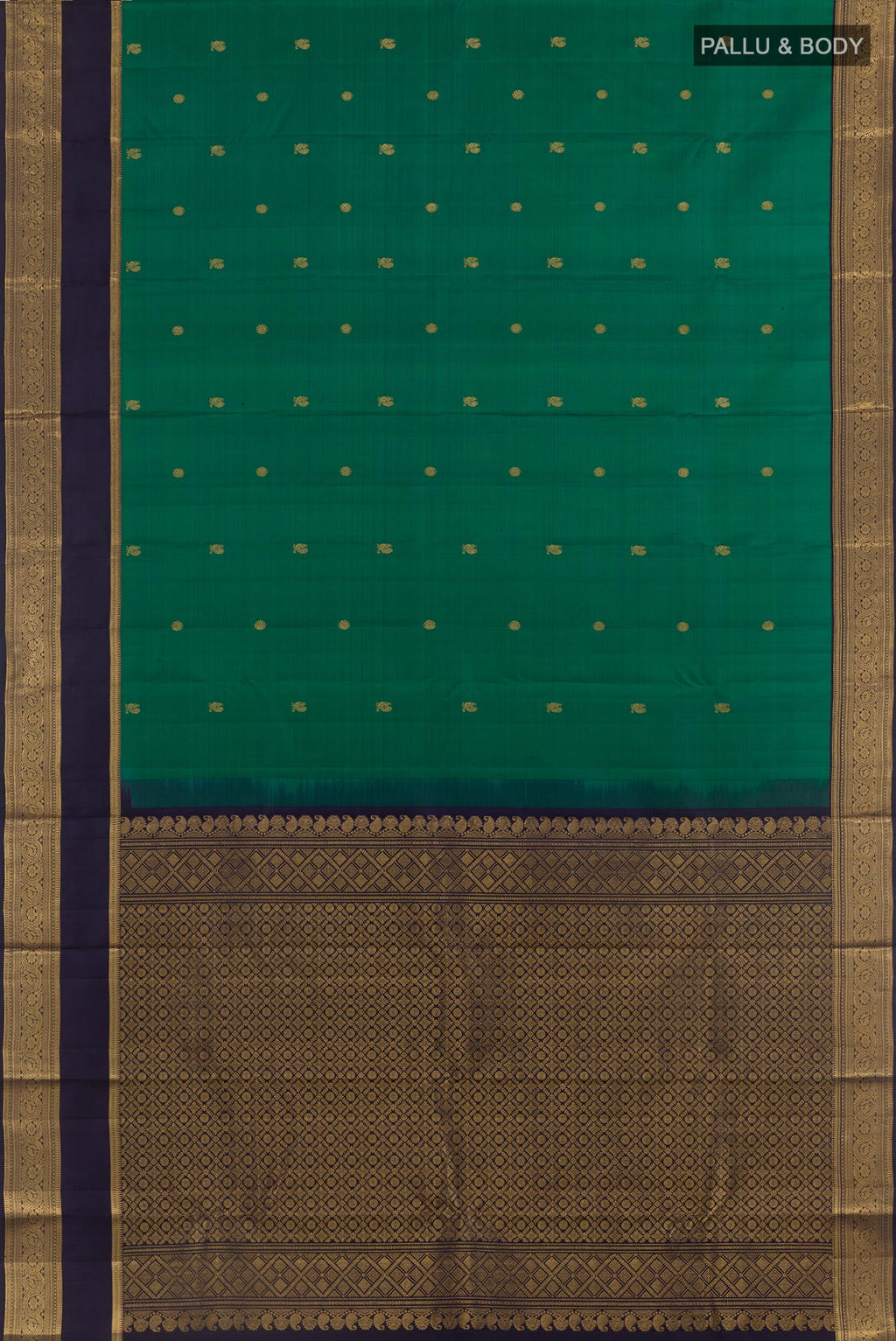 Flat view of Green Kanchipuram Silk Saree with Zari Butta on the body and Zari Border. 