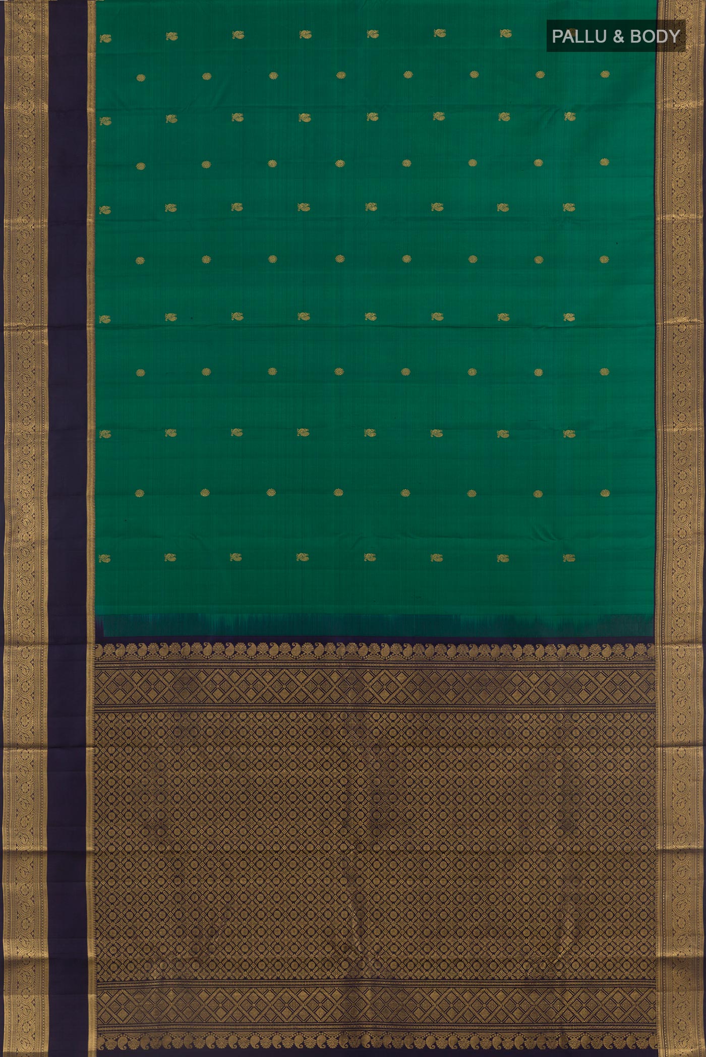 Flat view of Green Kanchipuram Silk Saree with Zari Butta on the body and Zari Border. 