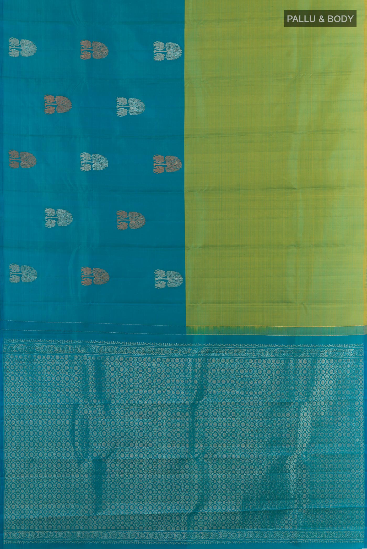 Flat view of Multi Color Kanchipuram Silk Saree with Half And Half on the body and Without Border. 