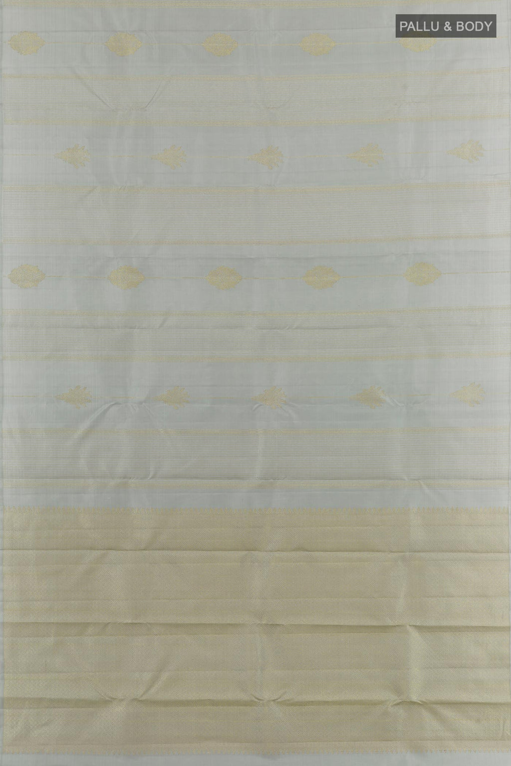 Flat view of Grey Kanjivaram Silk Saree with Zari Butta on the body and Zari Border. 