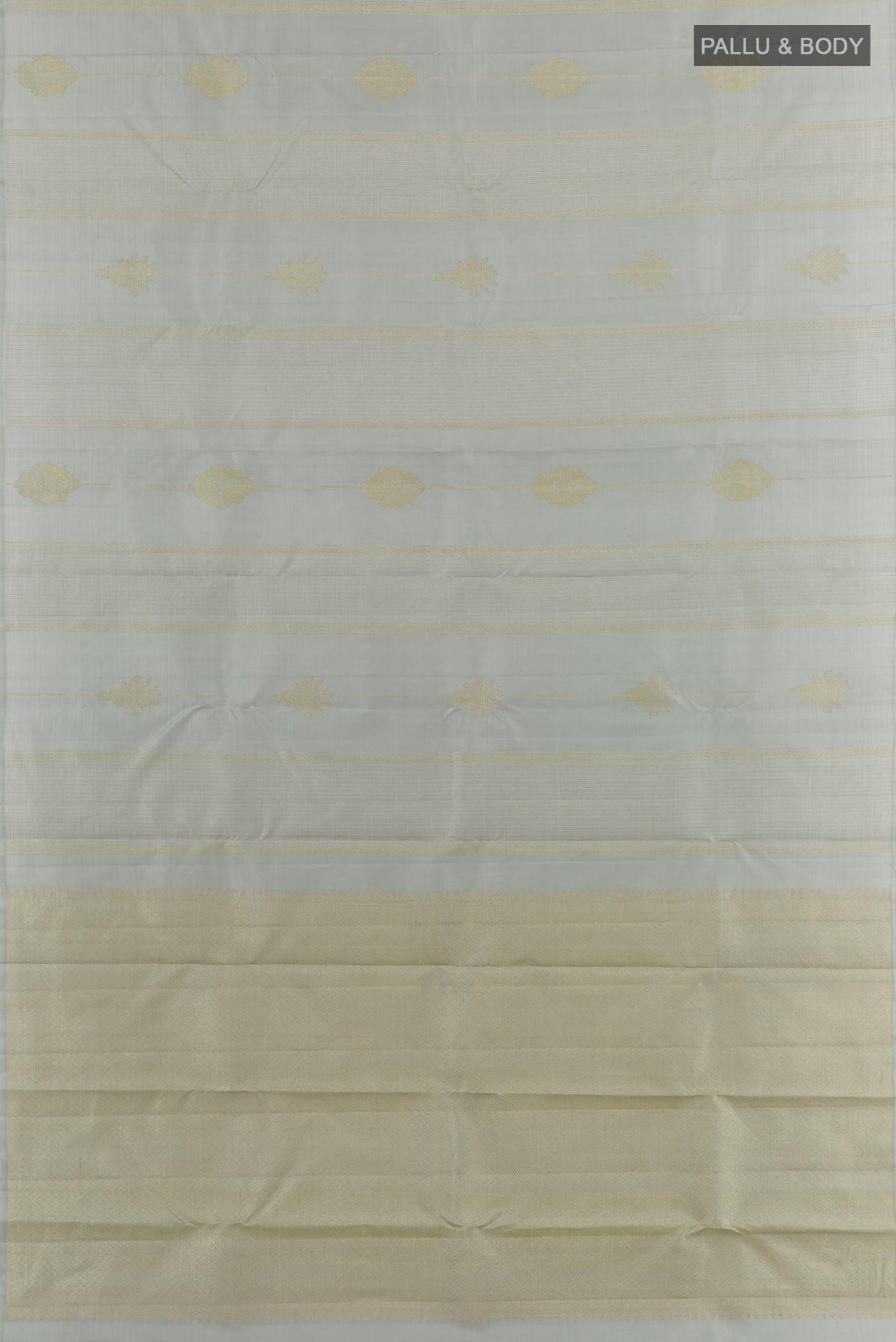 Flat view of Grey Kanjivaram Silk Saree with Zari Butta on the body and Zari Border. 