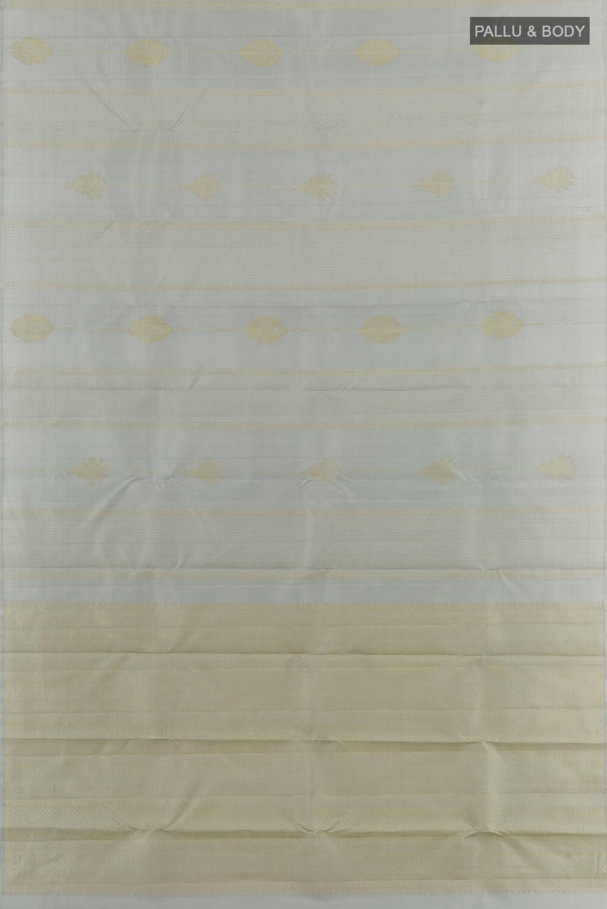 Flat view of Grey Kanjivaram Silk Saree with Zari Butta on the body and Zari Border. 