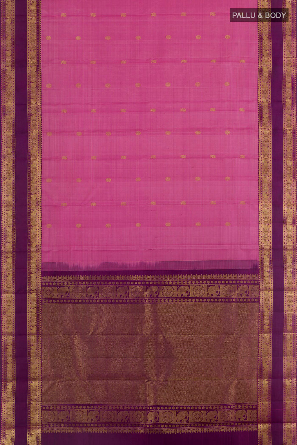 Flat view of Pink Kanchipuram Silk Saree with Zari Butta on the body and Zari Border. 