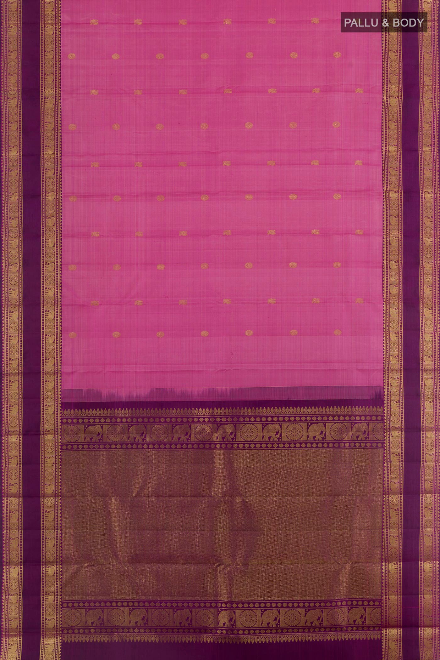 Flat view of Pink Kanchipuram Silk Saree with Zari Butta on the body and Zari Border. 
