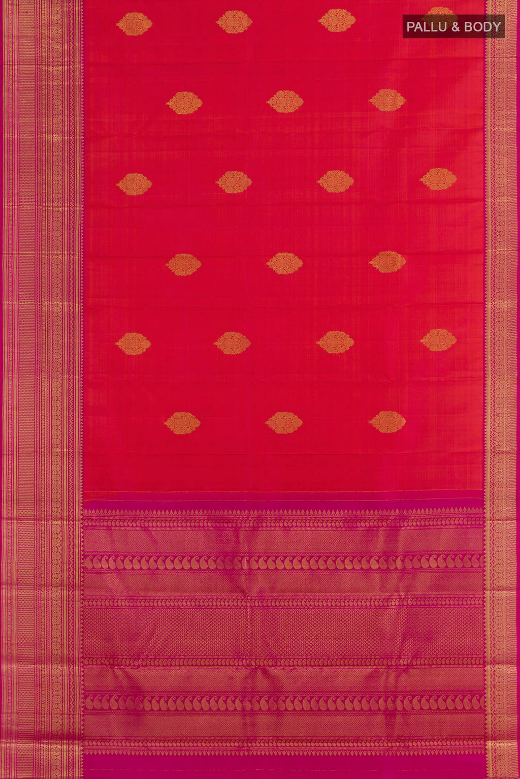 Flat view of Brick Orange Dual Tone Kanchipuram Silk Saree with Zari Butta on the body and Zari Border. 