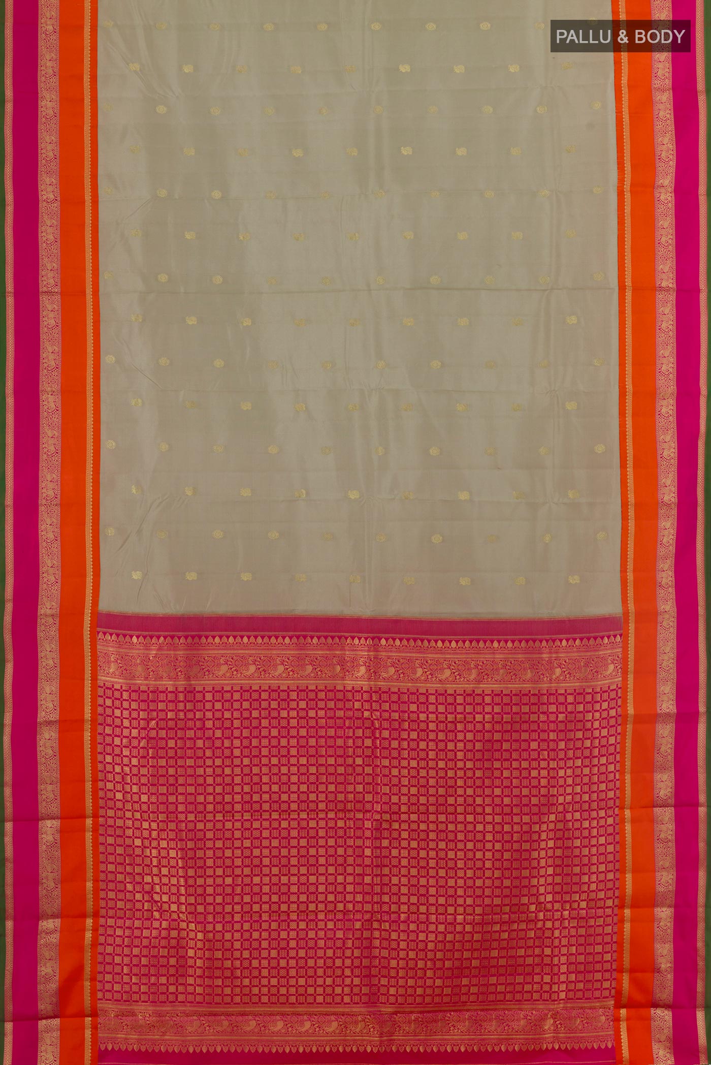 Flat view of Grey Kanchipuram Silk Saree with Zari Butta on the body and Zari Border. 