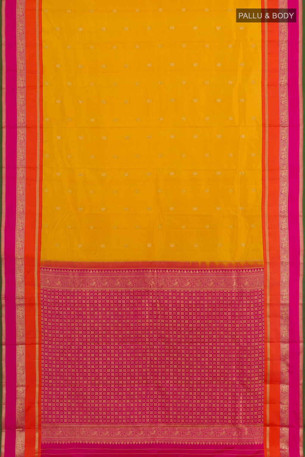 Flat view of Mustard Kanchipuram Silk Saree with Zari Butta on the body and Zari Border. 