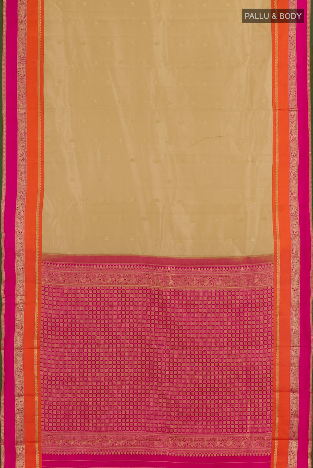 Flat view of Beige Kanchipuram Silk Saree with Zari Butta on the body and Zari Border. 