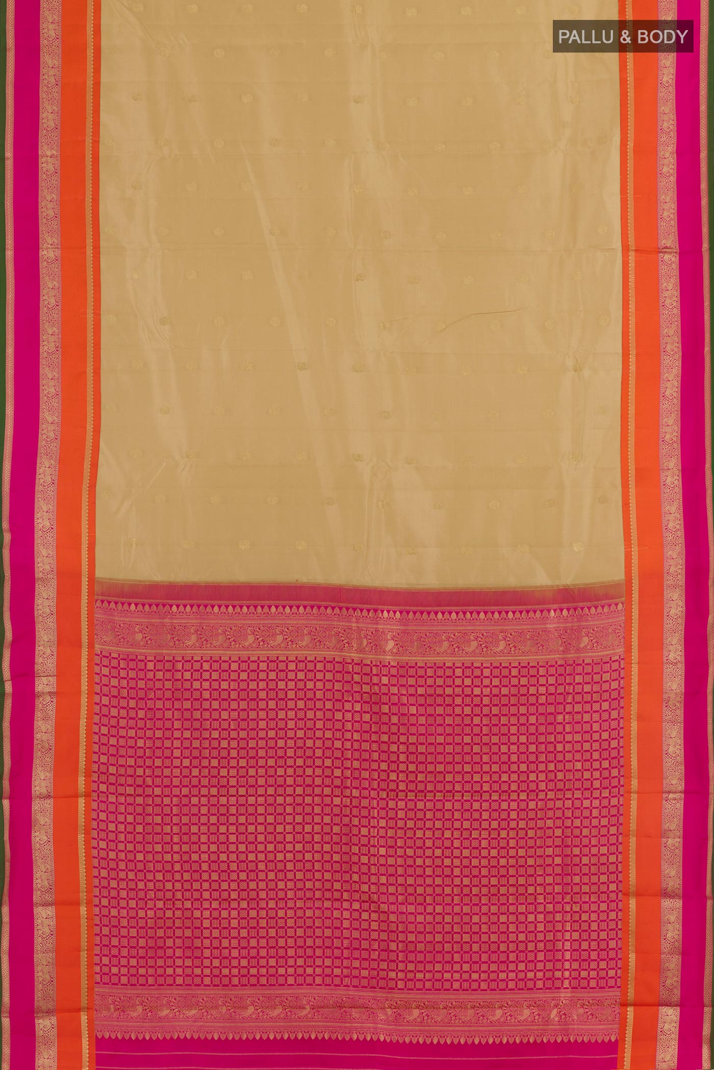 Flat view of Beige Kanchipuram Silk Saree with Zari Butta on the body and Zari Border. 