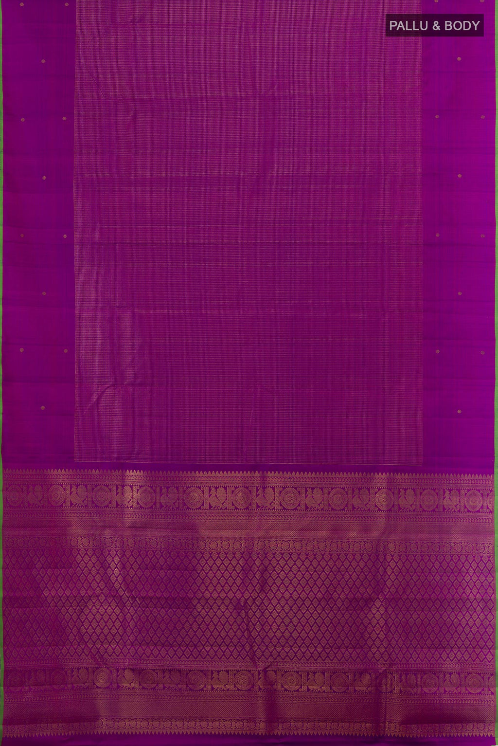 Flat view of Purple Kanjivaram Silk Saree with Zari Brocade on the body and Zari Border. 