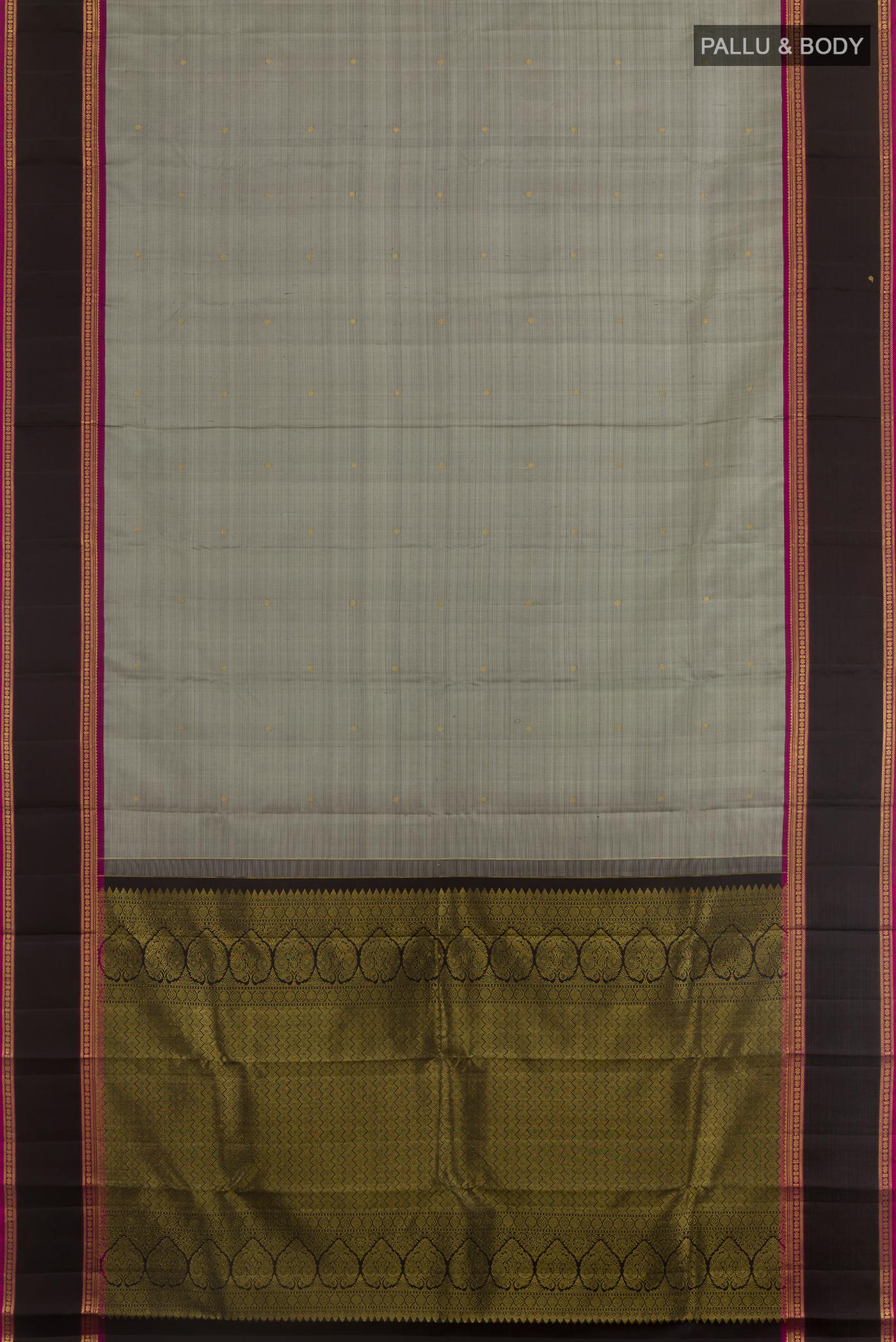 Flat view of Grey Kanjivaram Silk Saree with Zari Butta on the body and Zari Border. 