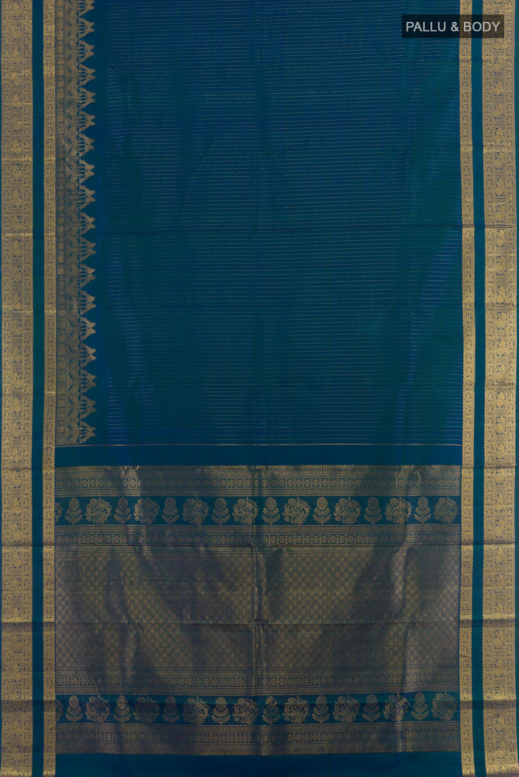 Flat view of Peacock Blue Kanjivaram Silk Saree with Stripes on the body and Zari Border. 