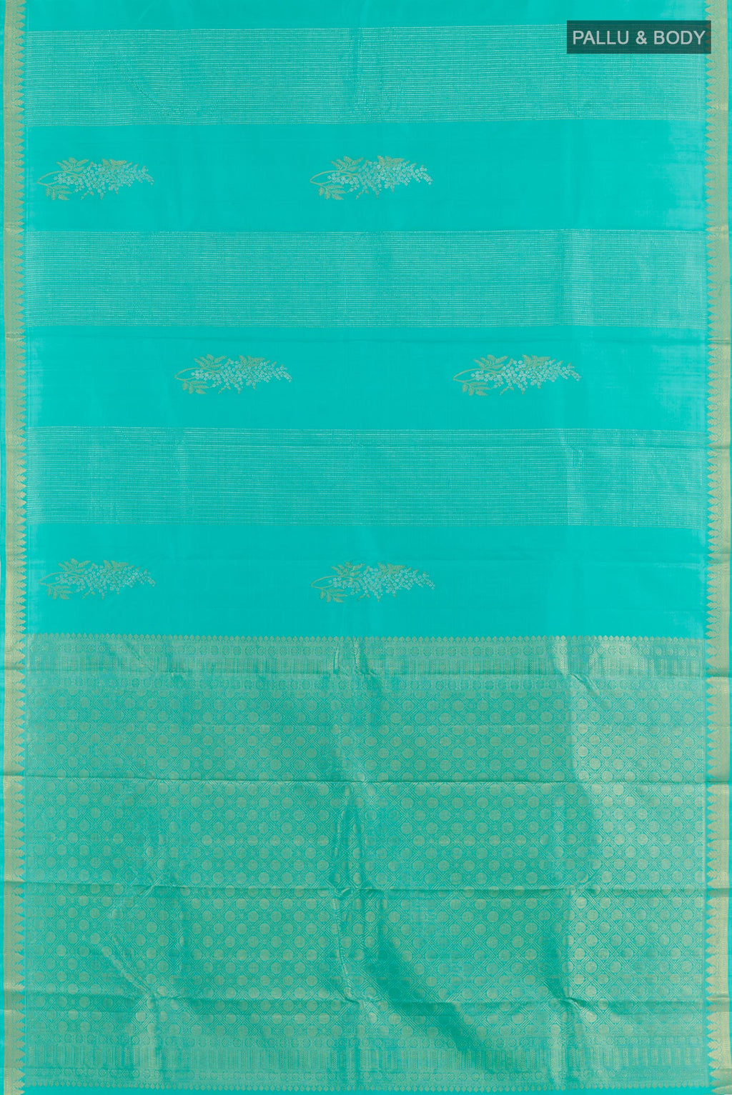 Flat view of Light Blue Kanjivaram Silk Saree with Zari Butta on the body and Zari Border. 