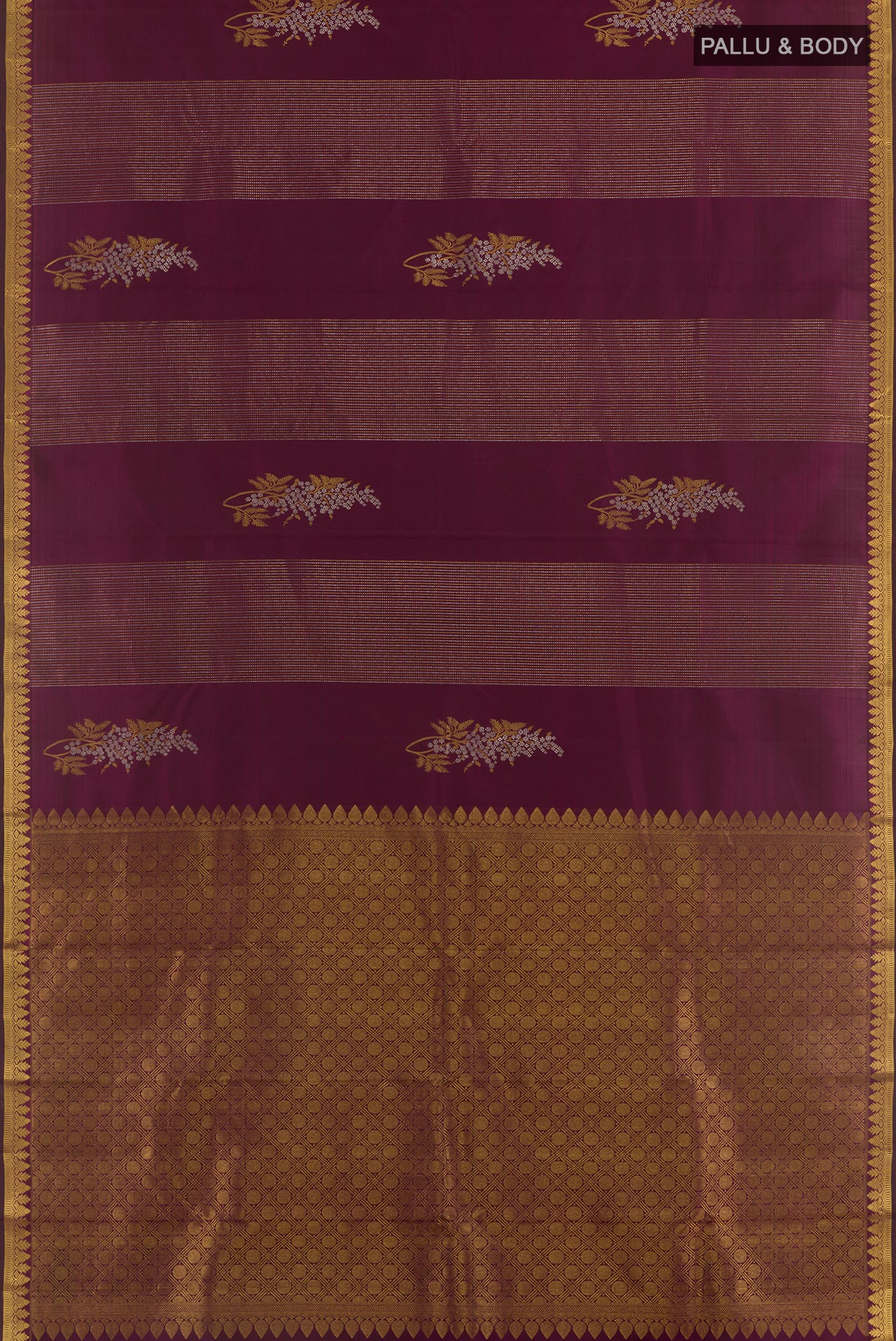 Flat view of Purple Kanjivaram Silk Saree with Zari Butta on the body and Zari Border. 