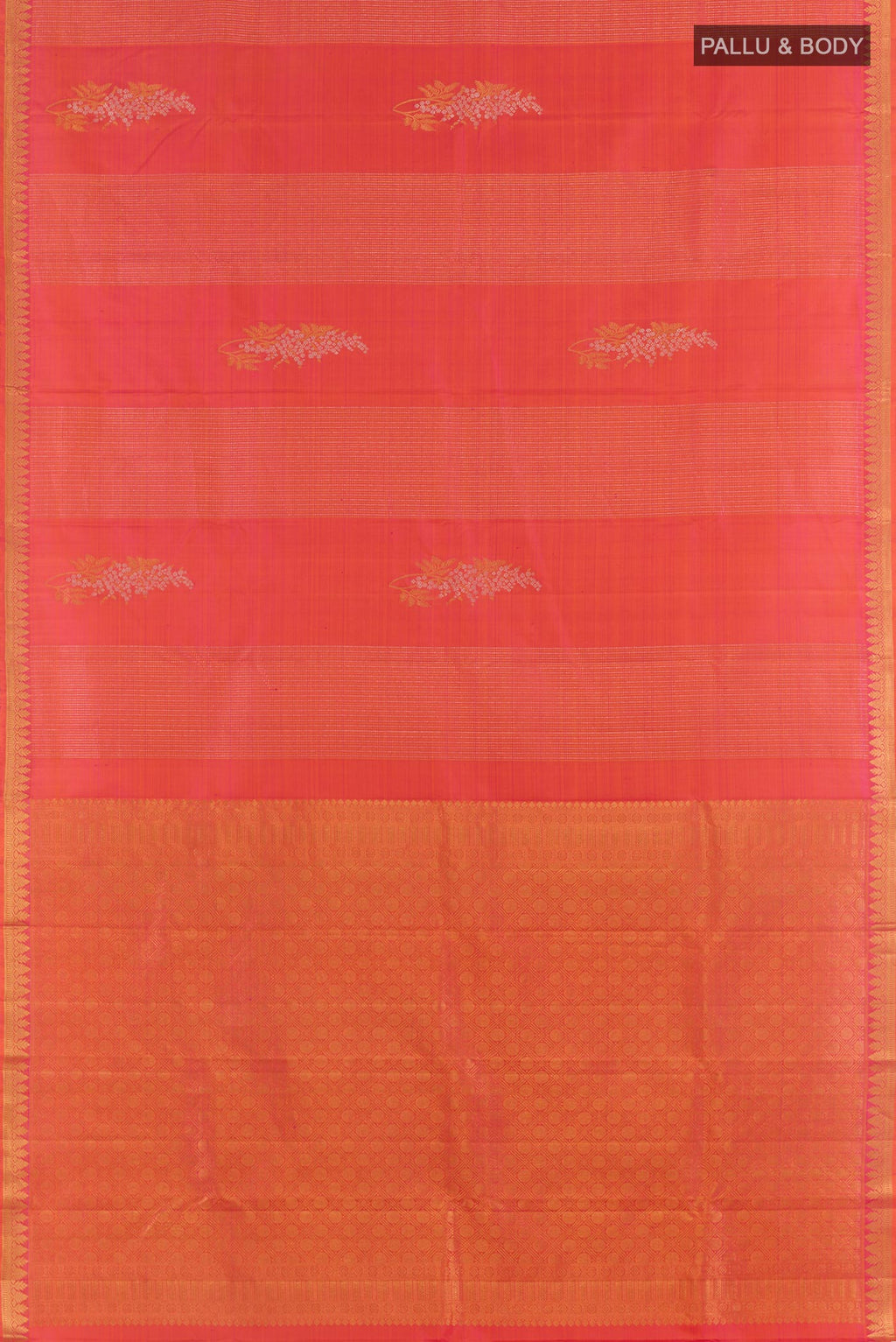 Flat view of Coral Dual Tone Kanjivaram Silk Saree with Zari Butta on the body and Zari Border. 