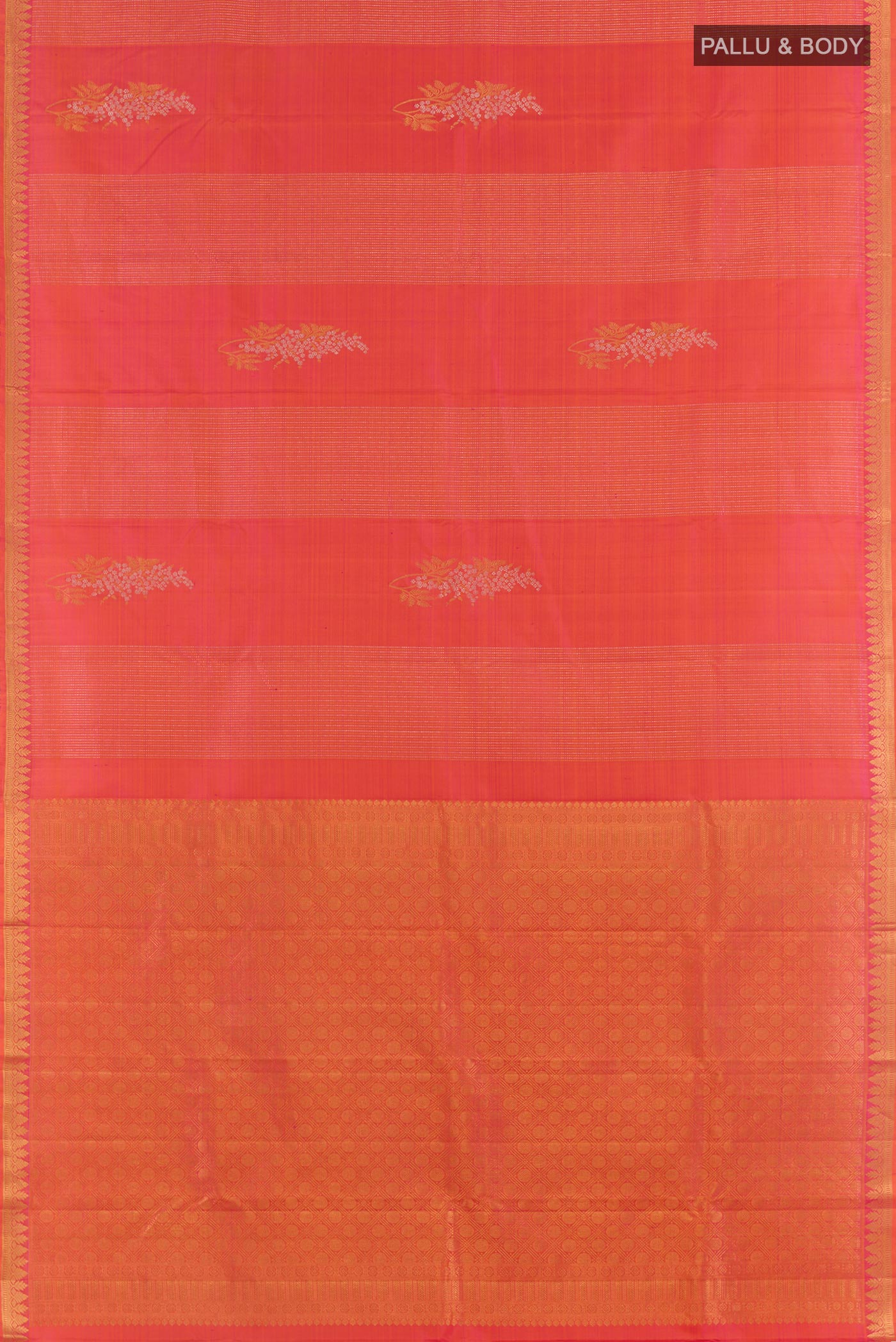 Flat view of Coral Dual Tone Kanjivaram Silk Saree with Zari Butta on the body and Zari Border. 