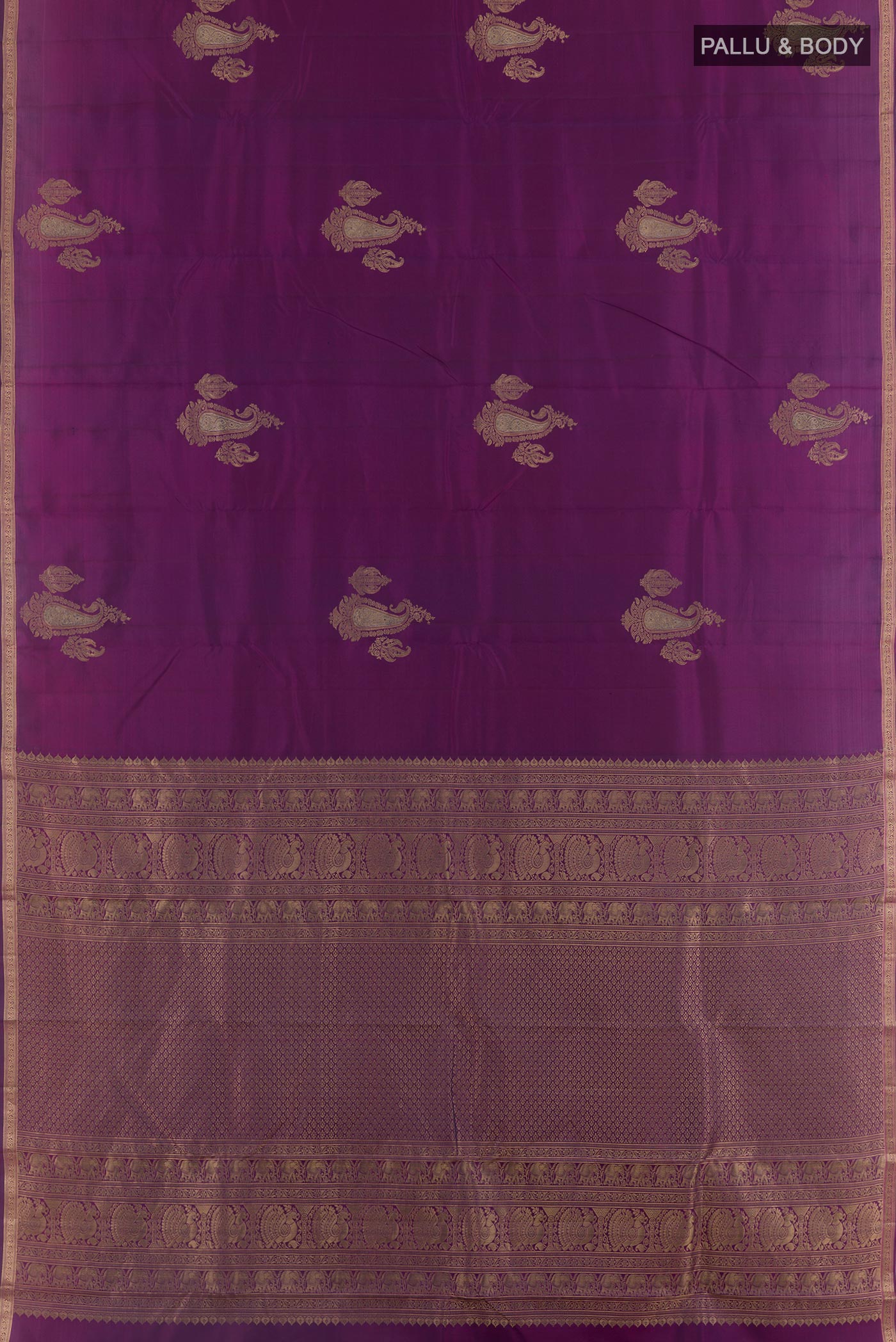 Flat view of Purple Kanchipuram Silk Nine Yards Saree with Zari Butta on the body and Zari Border. 
