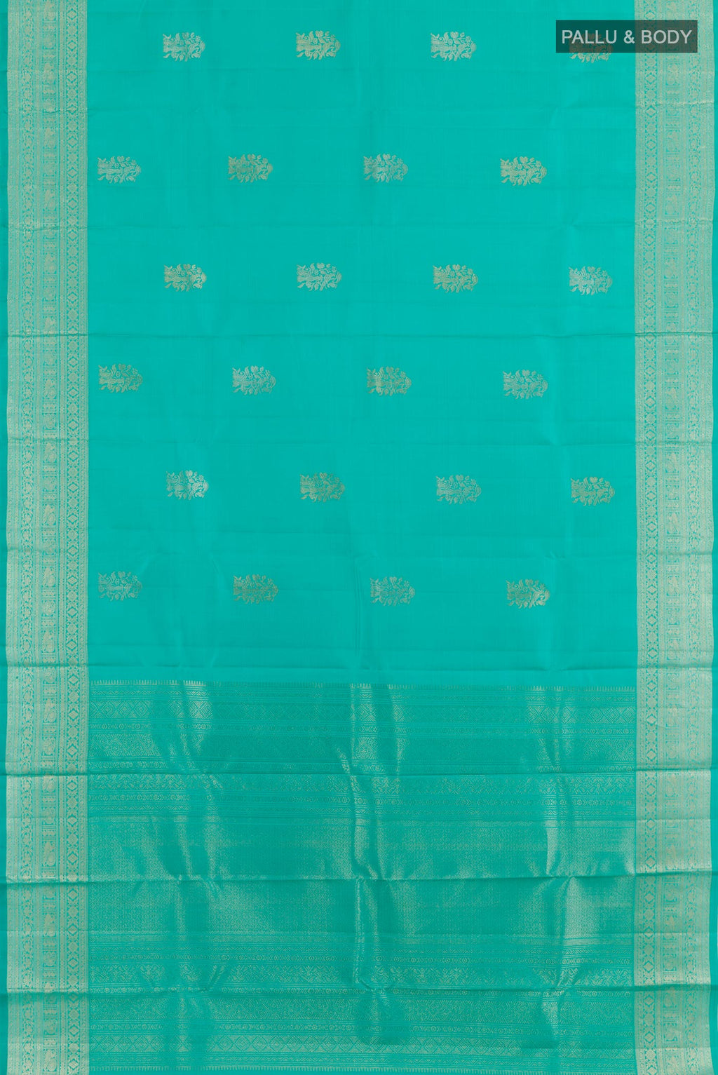 Flat view of Blue Kanchipuram Silk Saree with Zari Butta on the body and Zari Border. 