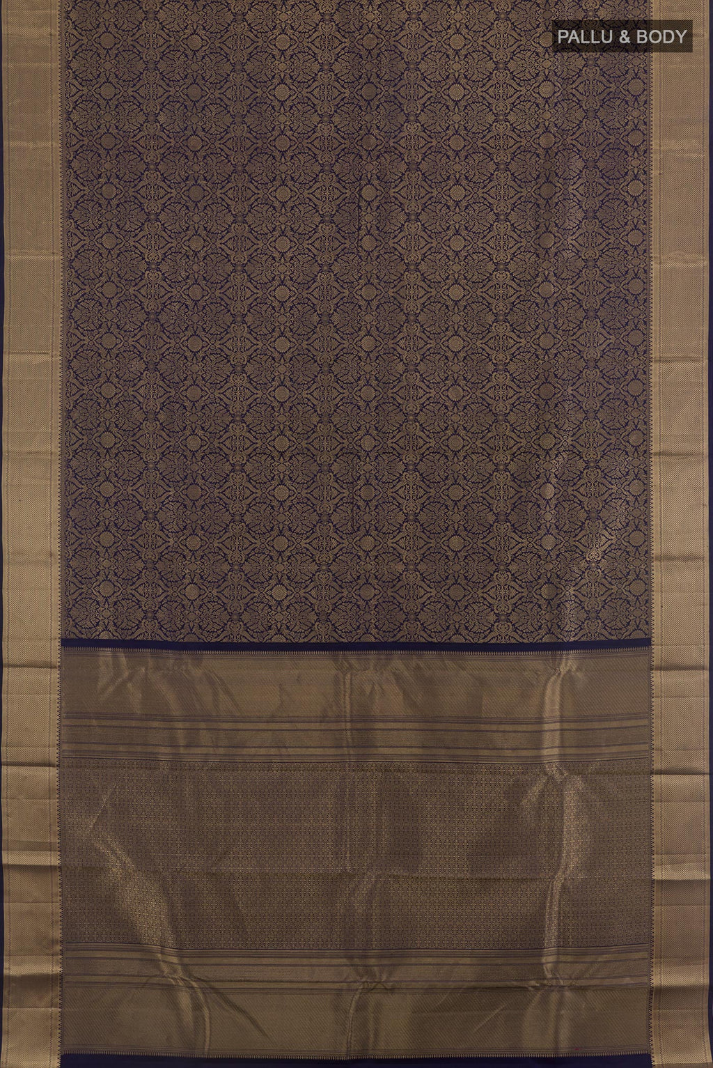 Flat view of Navy Blue Kanchipuram Silk Saree with Zari Brocade on the body and Zari Border. 