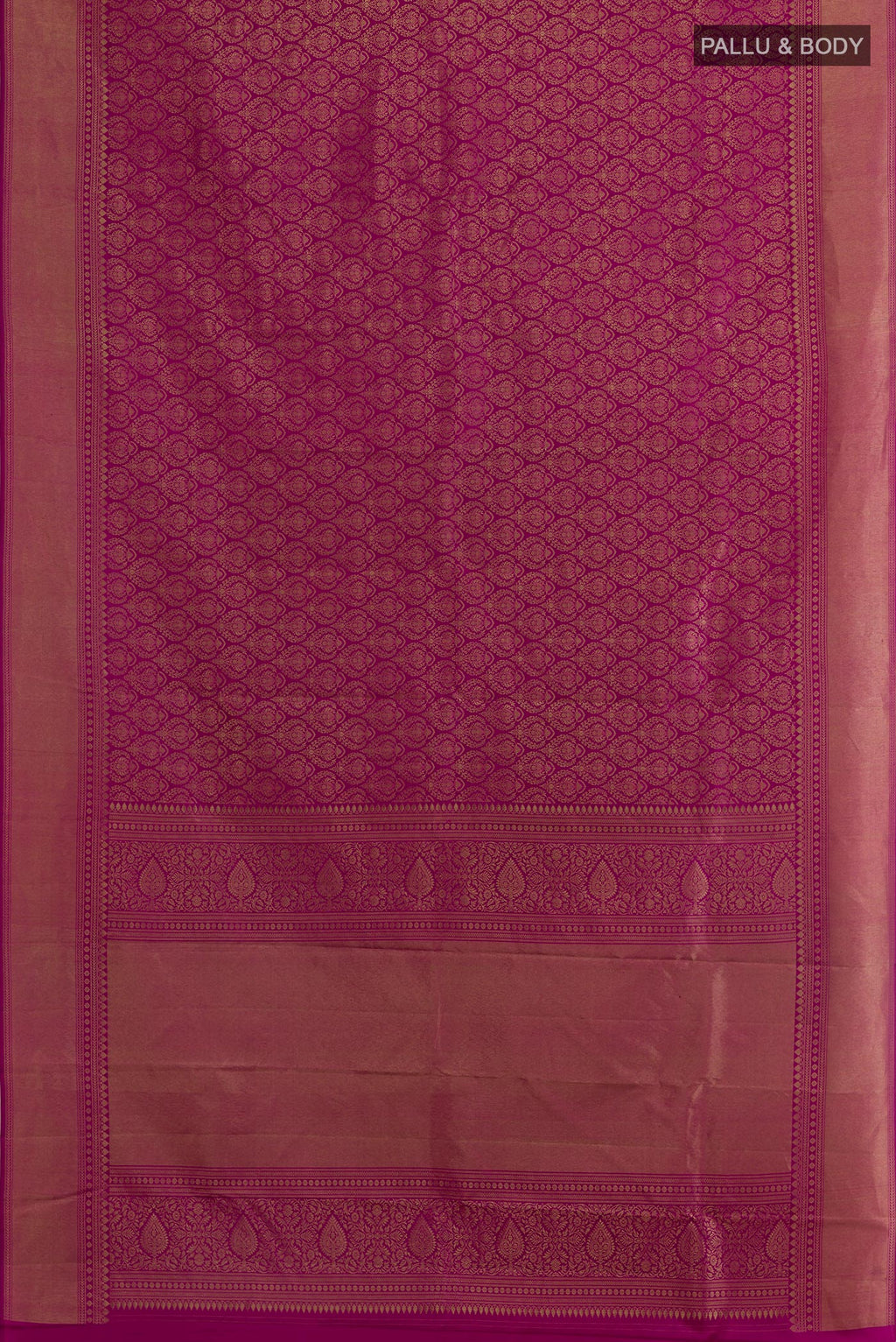 Flat view of Magenta Kanchipuram Silk Saree with Zari Brocade on the body and Zari Border. 