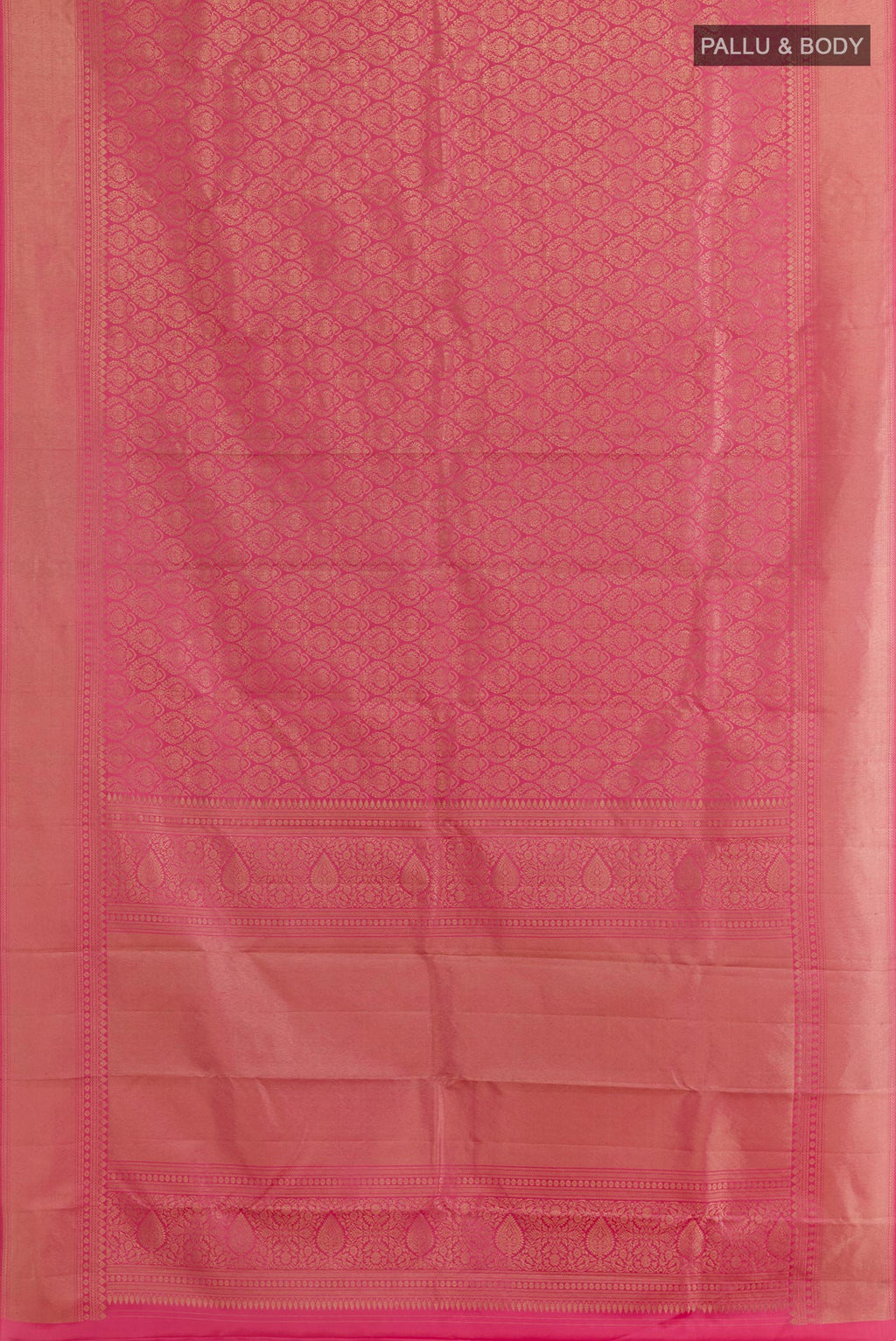 Flat view of Pink Kanchipuram Silk Saree with Zari Brocade on the body and Zari Border. 