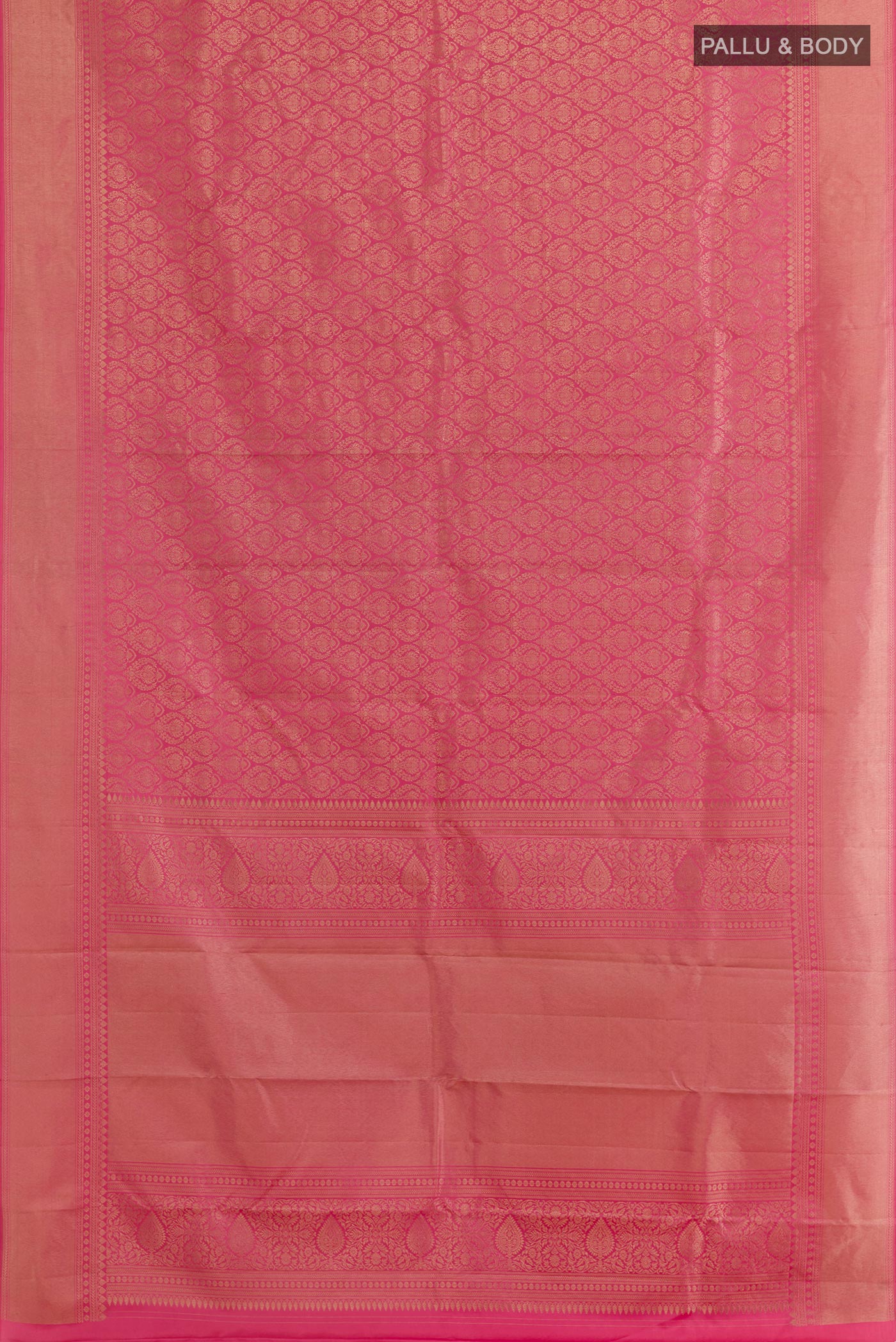 Flat view of Pink Kanchipuram Silk Saree with Zari Brocade on the body and Zari Border. 