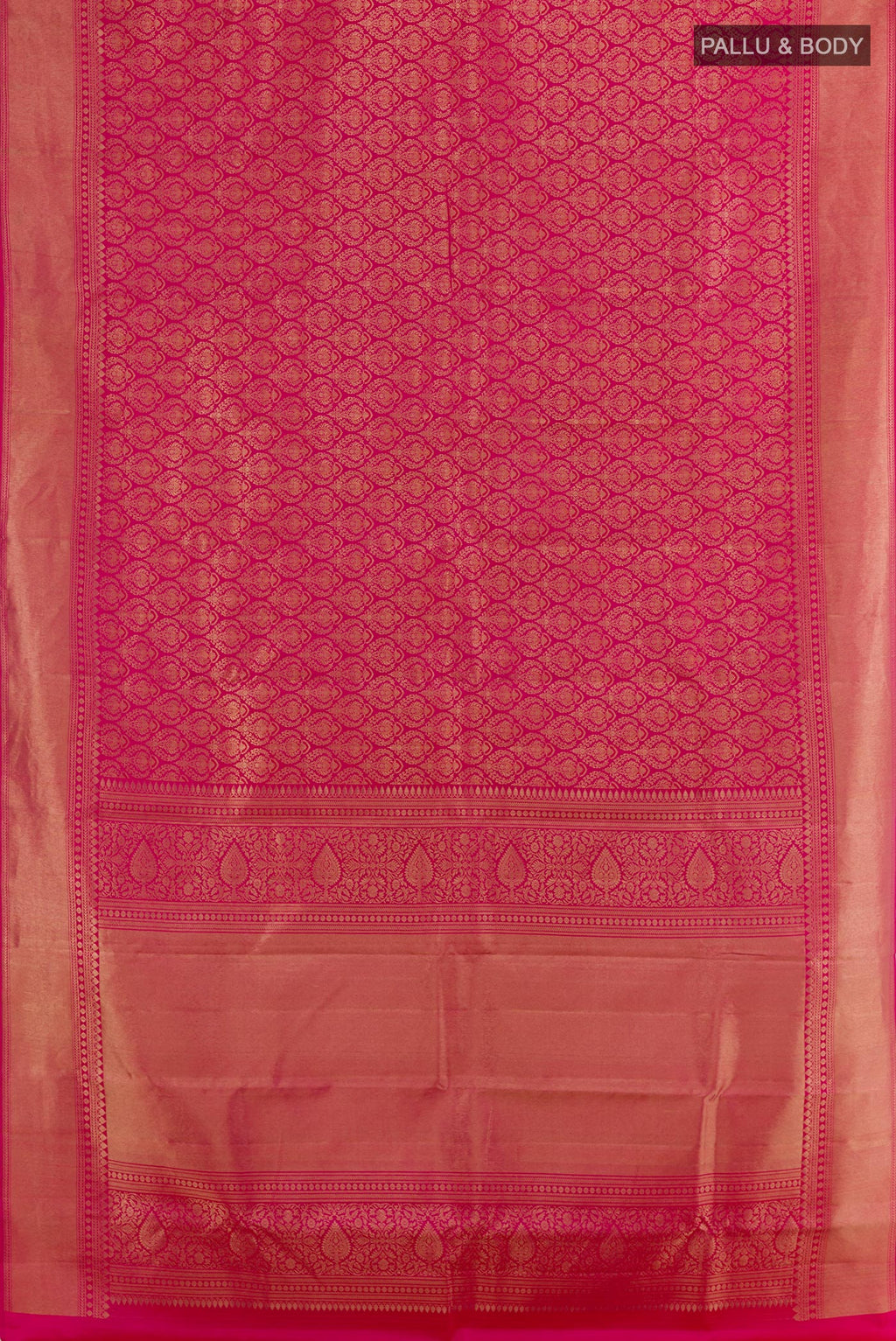 Flat view of Rani Pink Kanchipuram Silk Saree with Zari Brocade on the body and Zari Border. 
