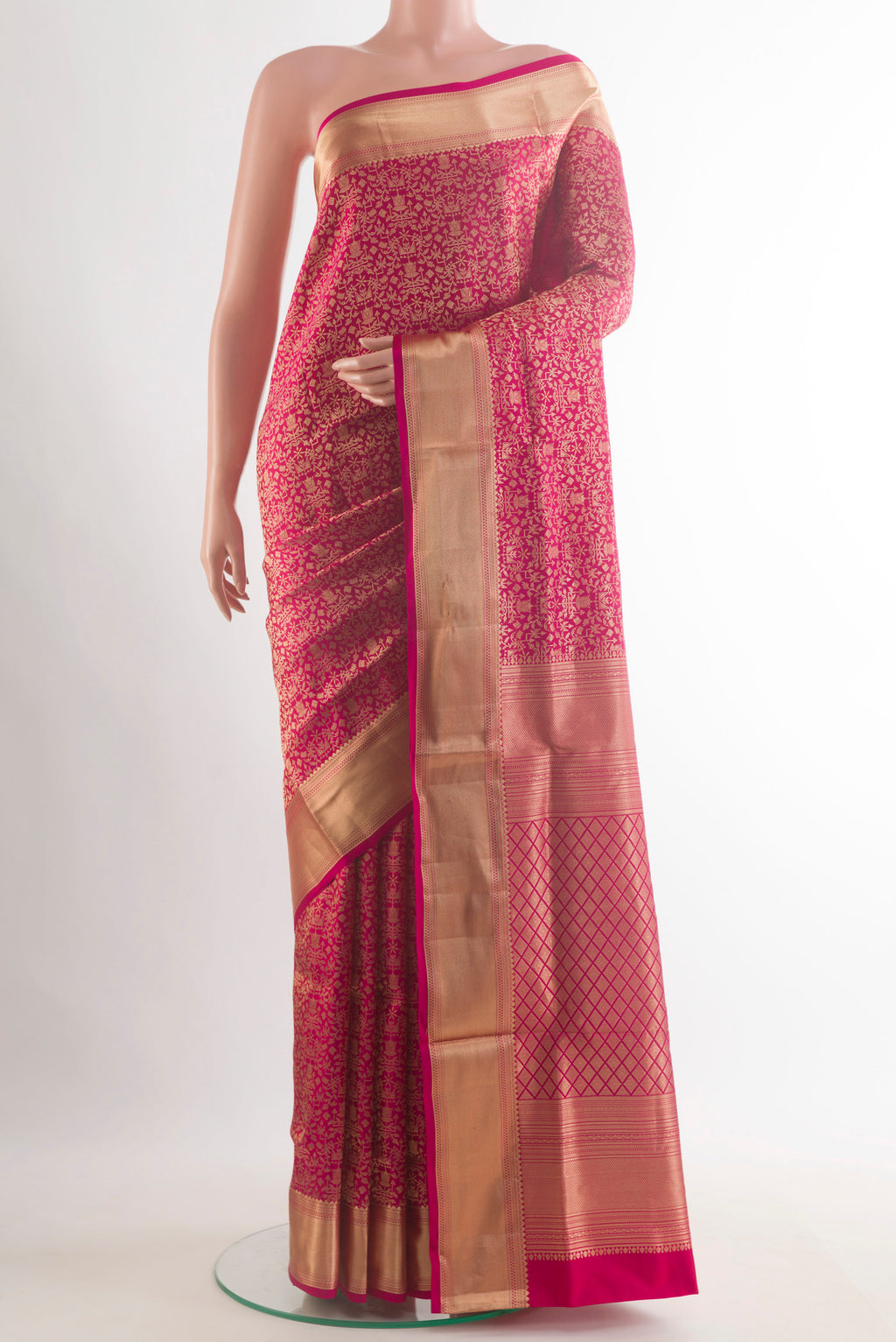 Pure Silk Pink Soft Saree with Zari Brocade on the body and Zari Border.  displayed on a mannequin