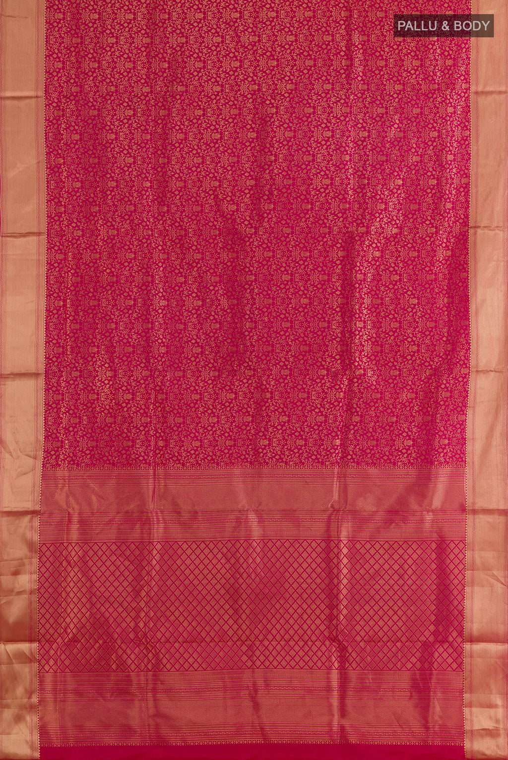 Flat view of Pure Silk Pink Soft Saree with Zari Brocade on the body and Zari Border. 
