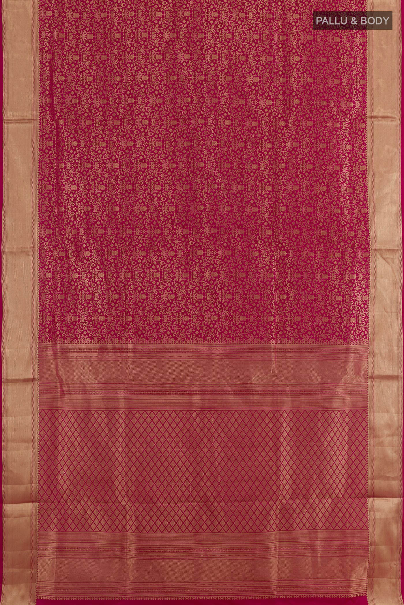 Flat view of Maroon Soft Silk Saree with Zari Brocade on the body and Zari Border. 