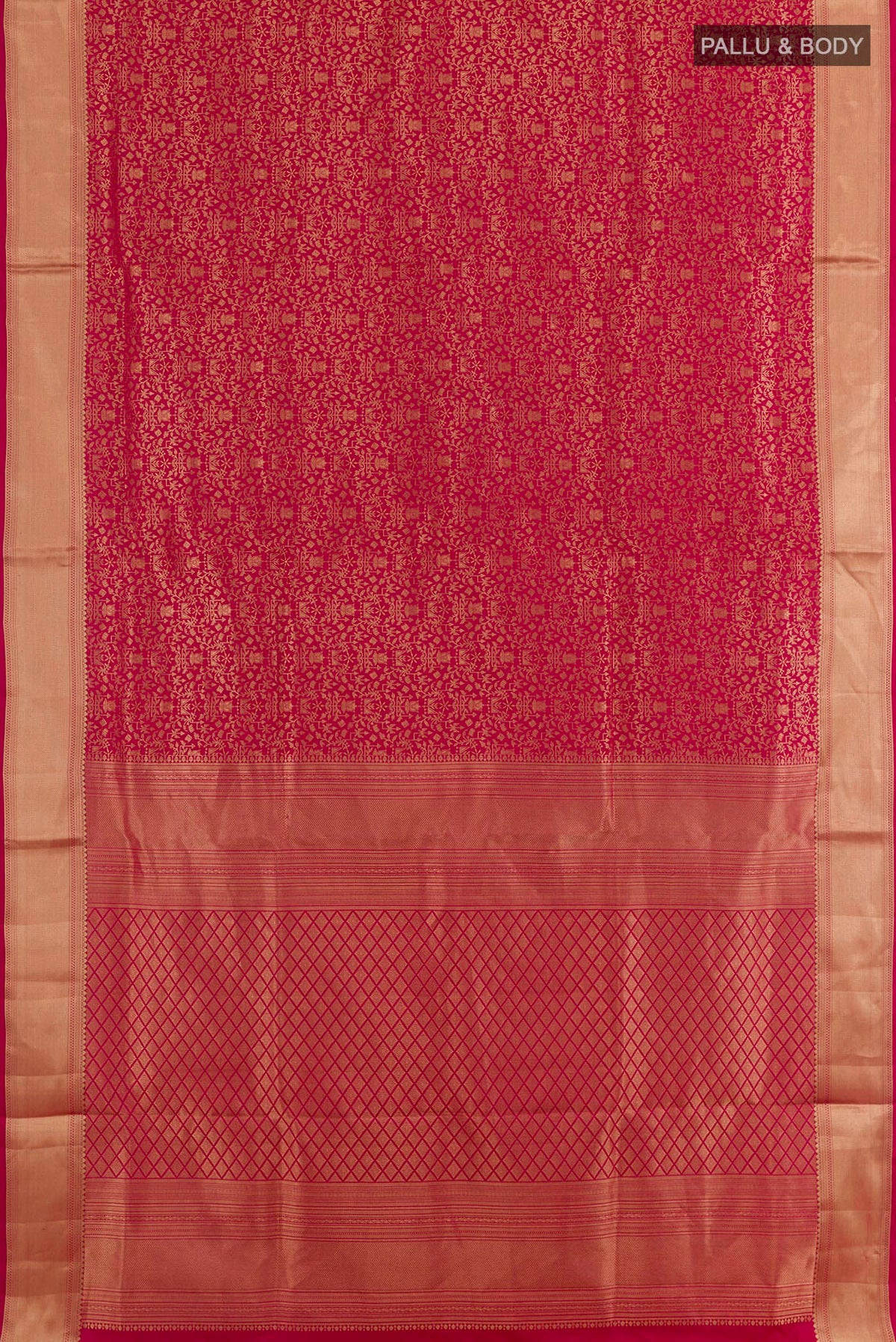 Flat view of Maroon Soft Silk Saree with Zari Brocade on the body and Zari Border. 