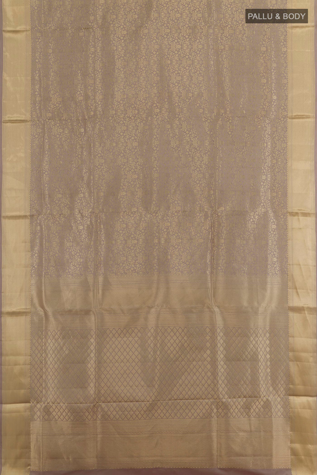 Flat view of Grey Soft Silk Saree with Zari Brocade on the body and Zari Border. 