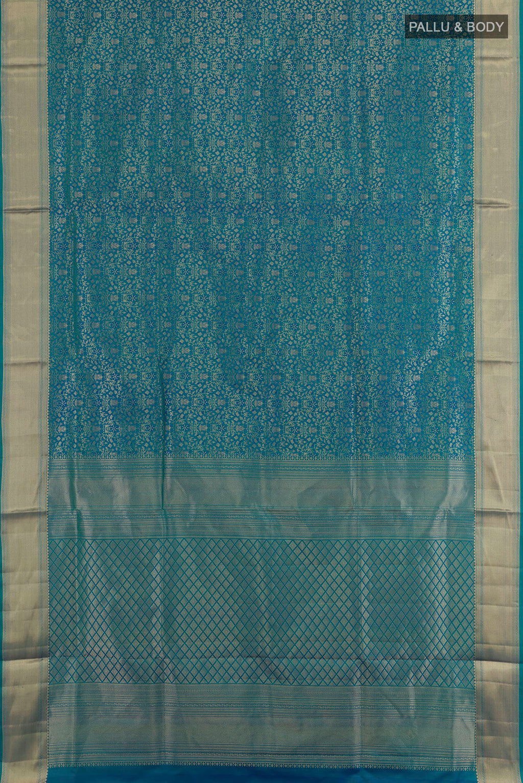 Flat view of Blue Soft Silk Saree with Zari Brocade on the body and Zari Border. 