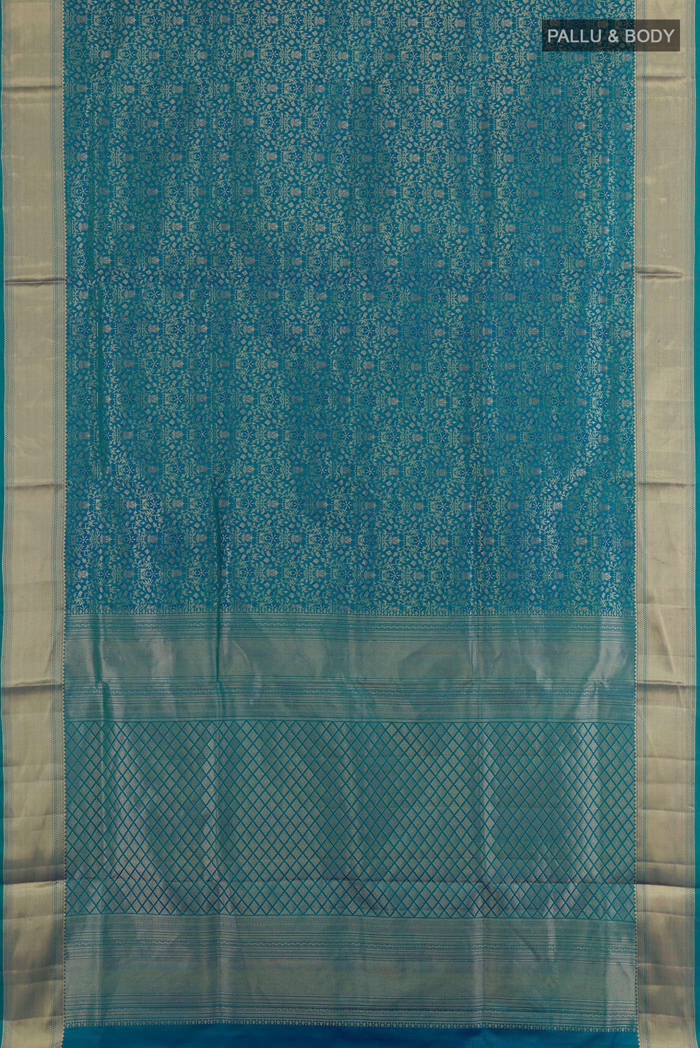 Flat view of Blue Soft Silk Saree with Zari Brocade on the body and Zari Border. 