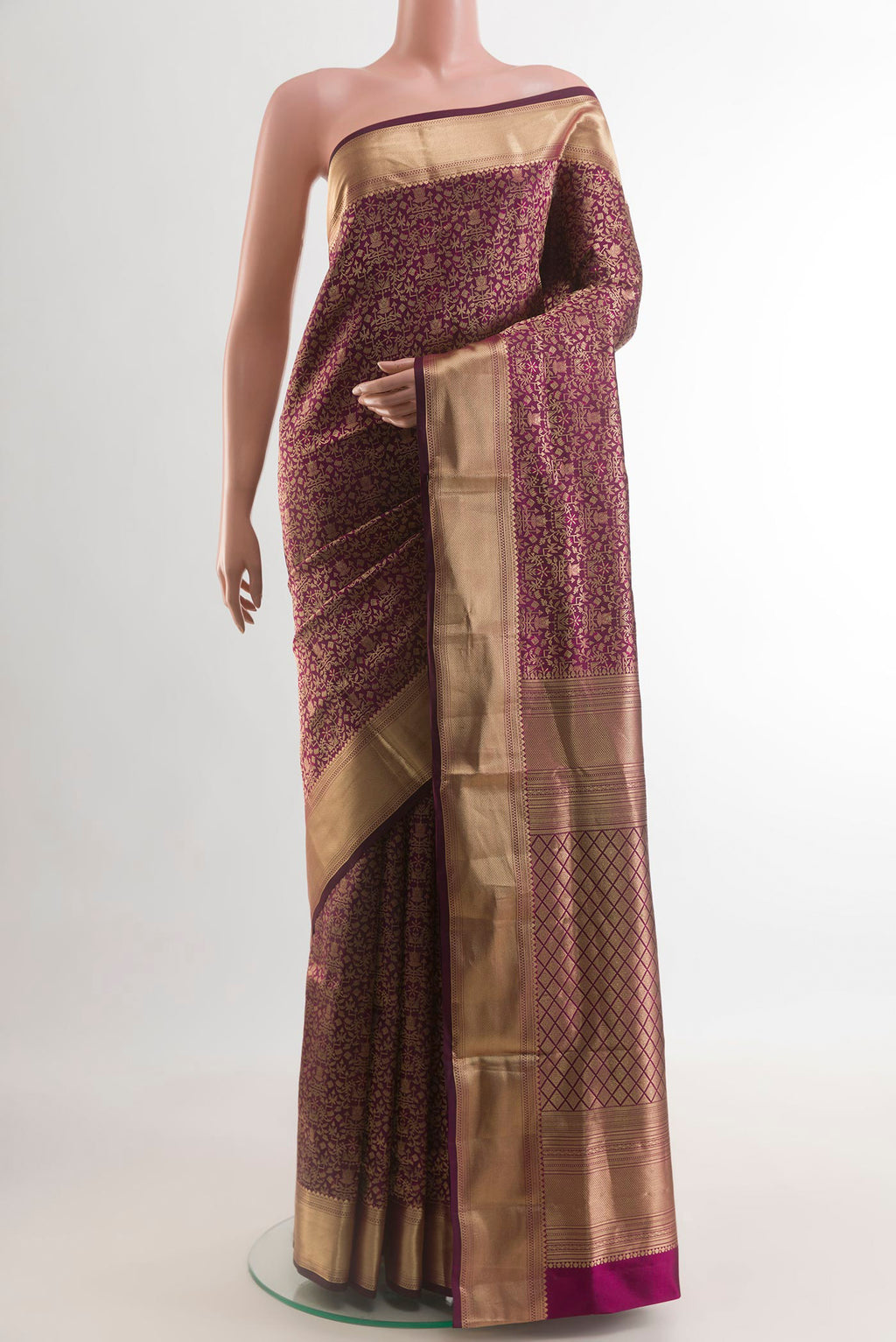 Purple Soft Silk Saree with Zari Brocade on the body and Zari Border.  displayed on a mannequin