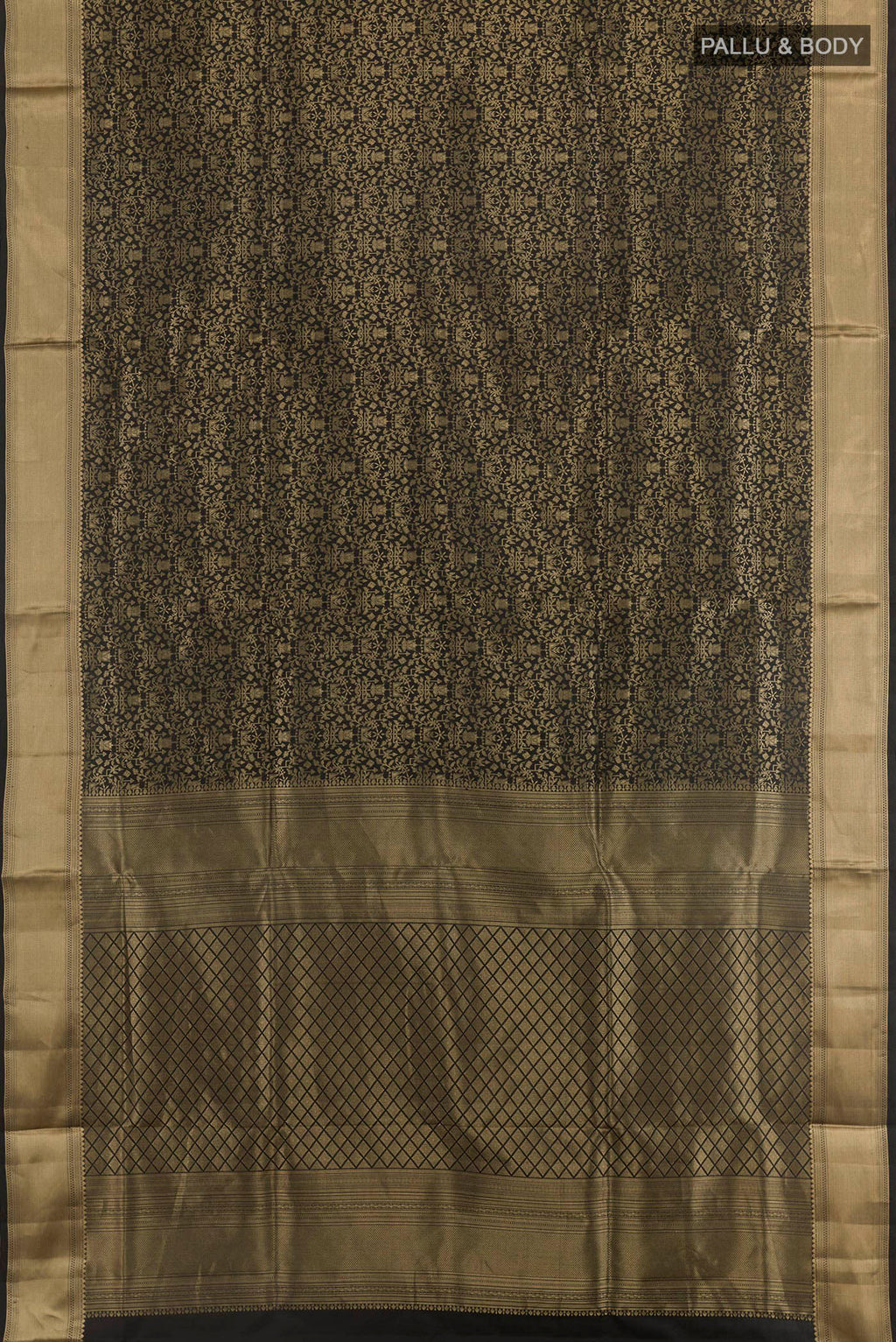 Flat view of Black Soft Silk Saree with Zari Brocade on the body and Zari Border. 