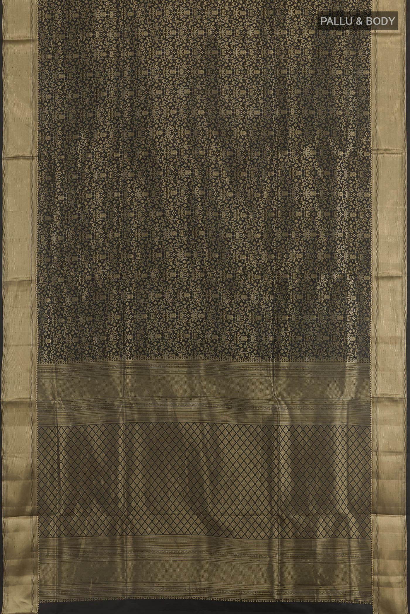 Flat view of Black Soft Silk Saree with Zari Brocade on the body and Zari Border. 